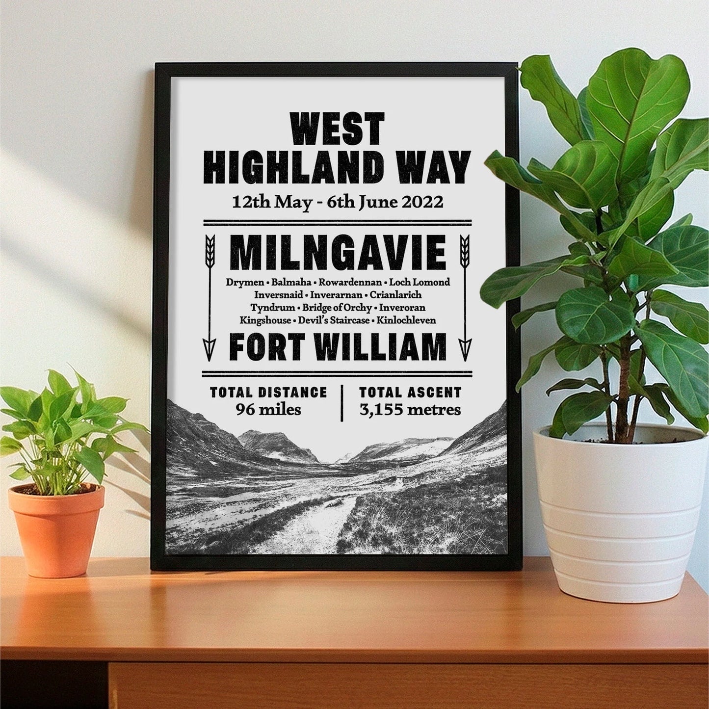 Framed print on sideboard beside a plant