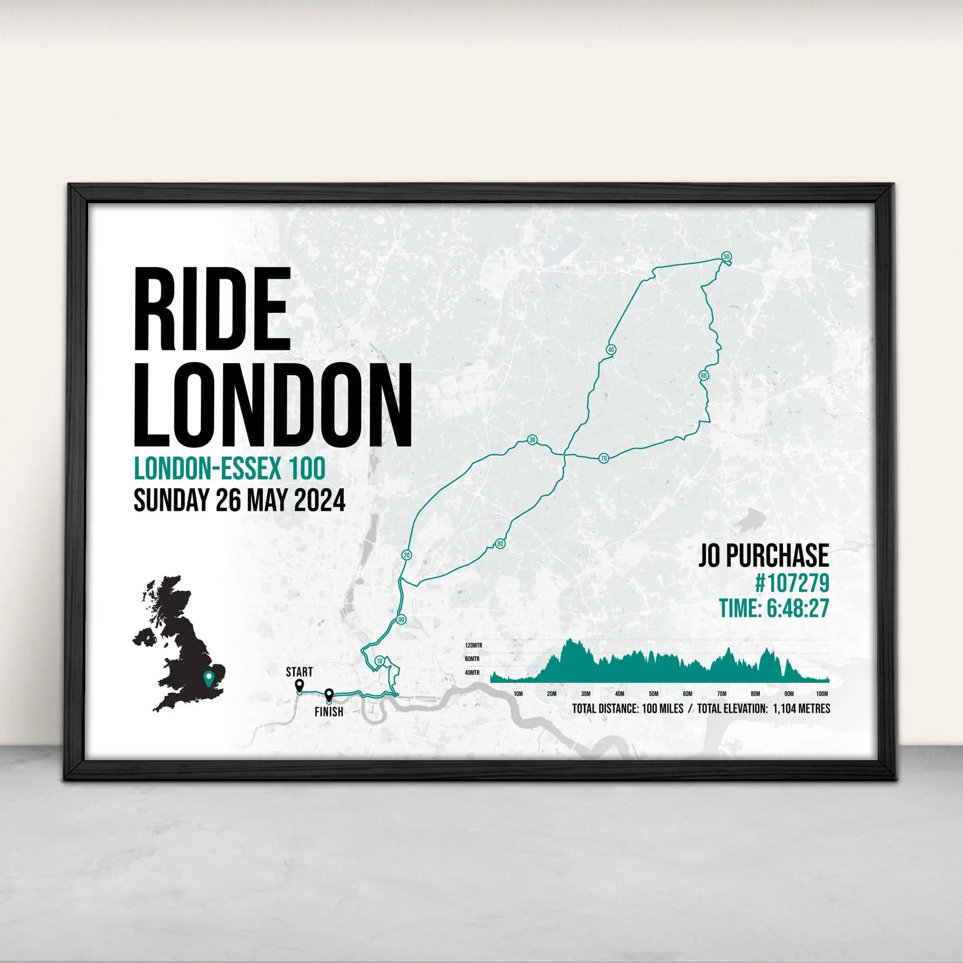 Personalised Ride London 100 Art Print in green from Purest Green Prints