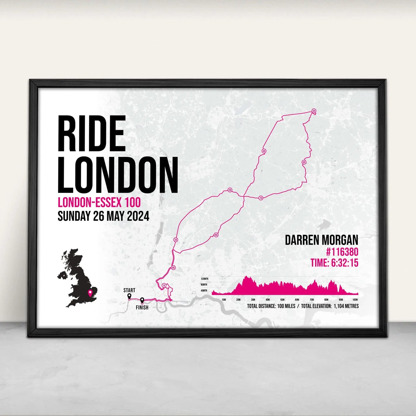 Personalised Ride London 100 Art Print in pink from Purest Green Prints