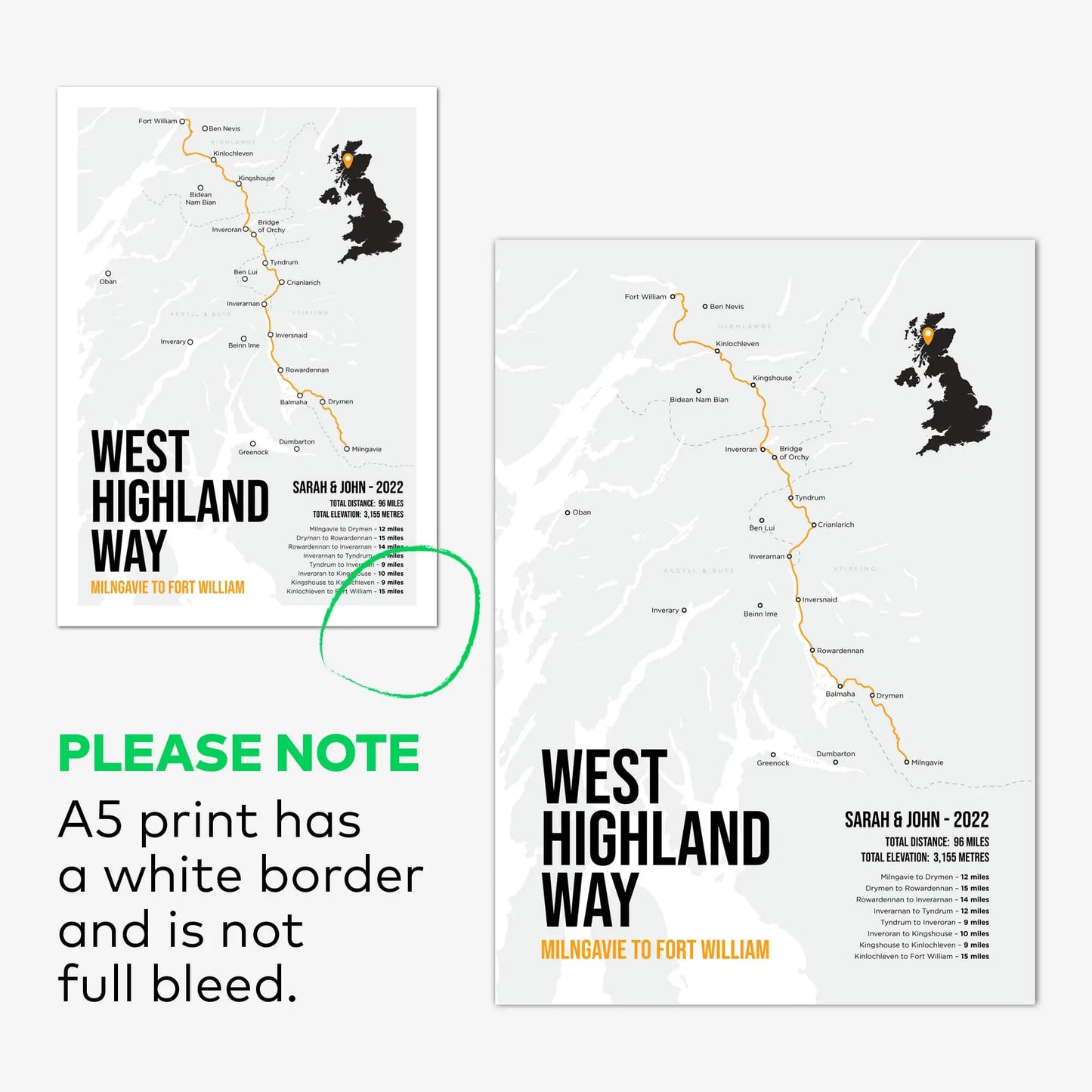 The A5 prints have a slightly different border and are not full bleed.