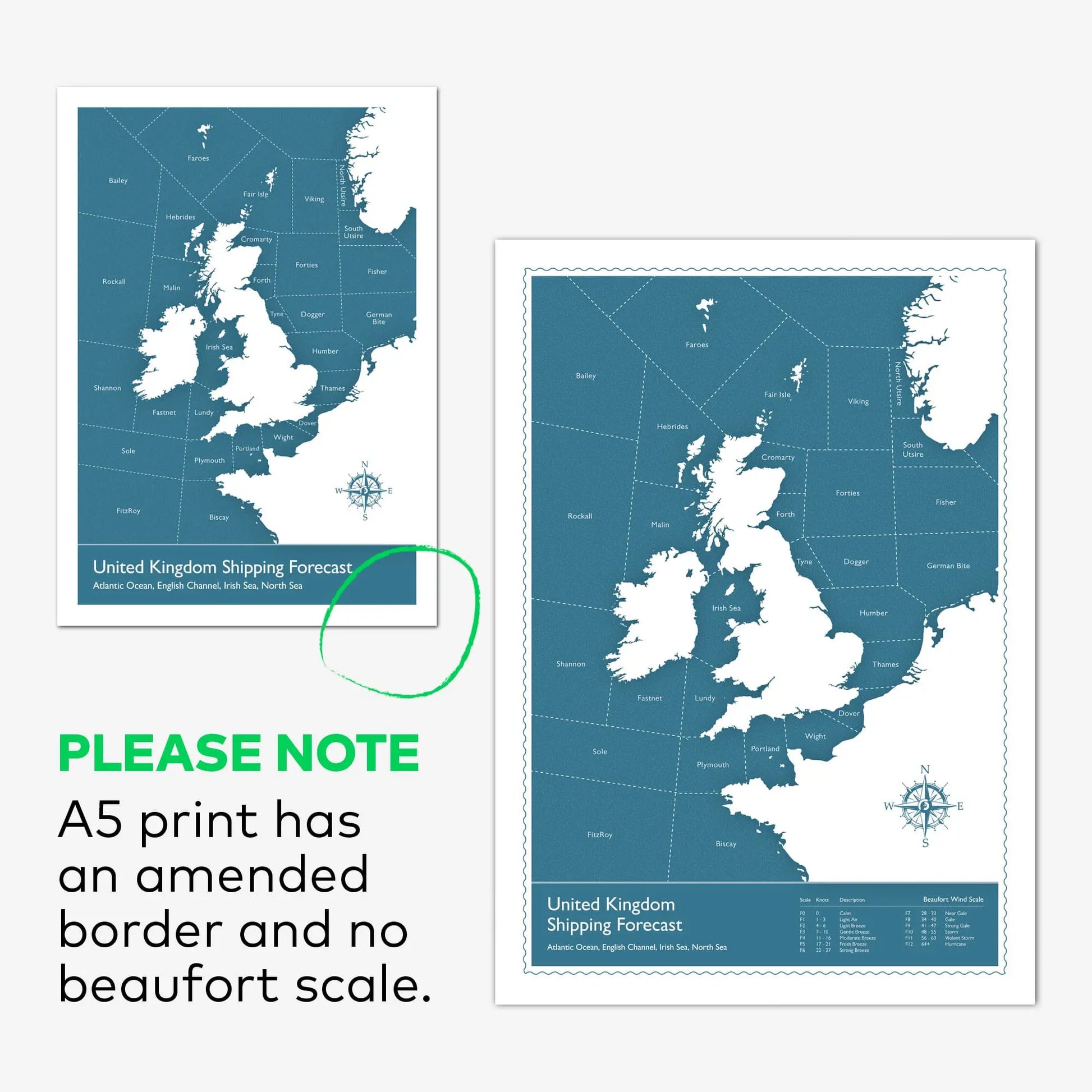 2x versions of Shipping forecast map print. A4,A3 and A2 version alongside the A5 version with different content, frames not included.