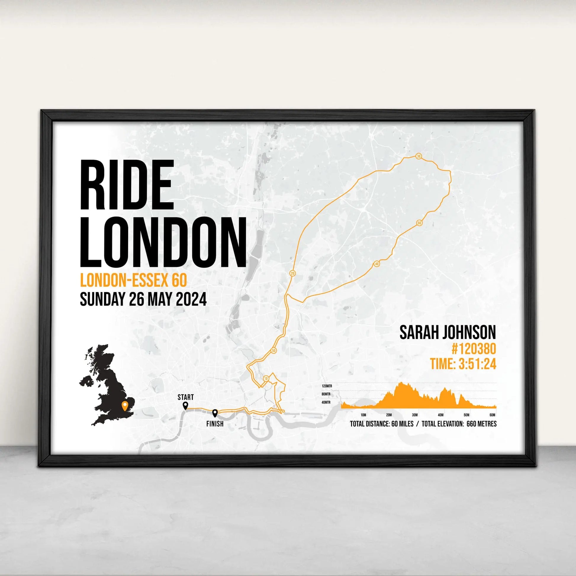 Personalised Ride London 60 Art Print in orange from Purest Green Prints