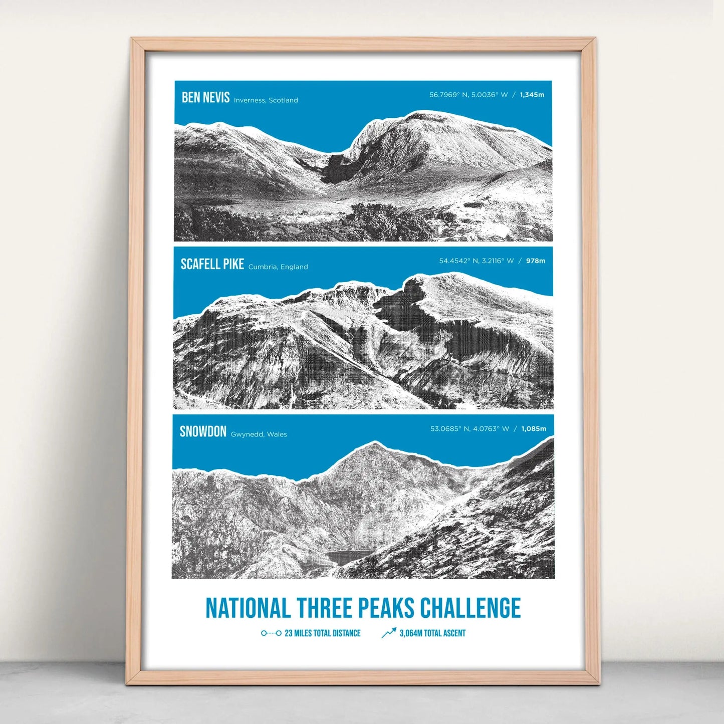 UK Three Peaks Challenge Personalised Art Print in blue from Purest Green Prints