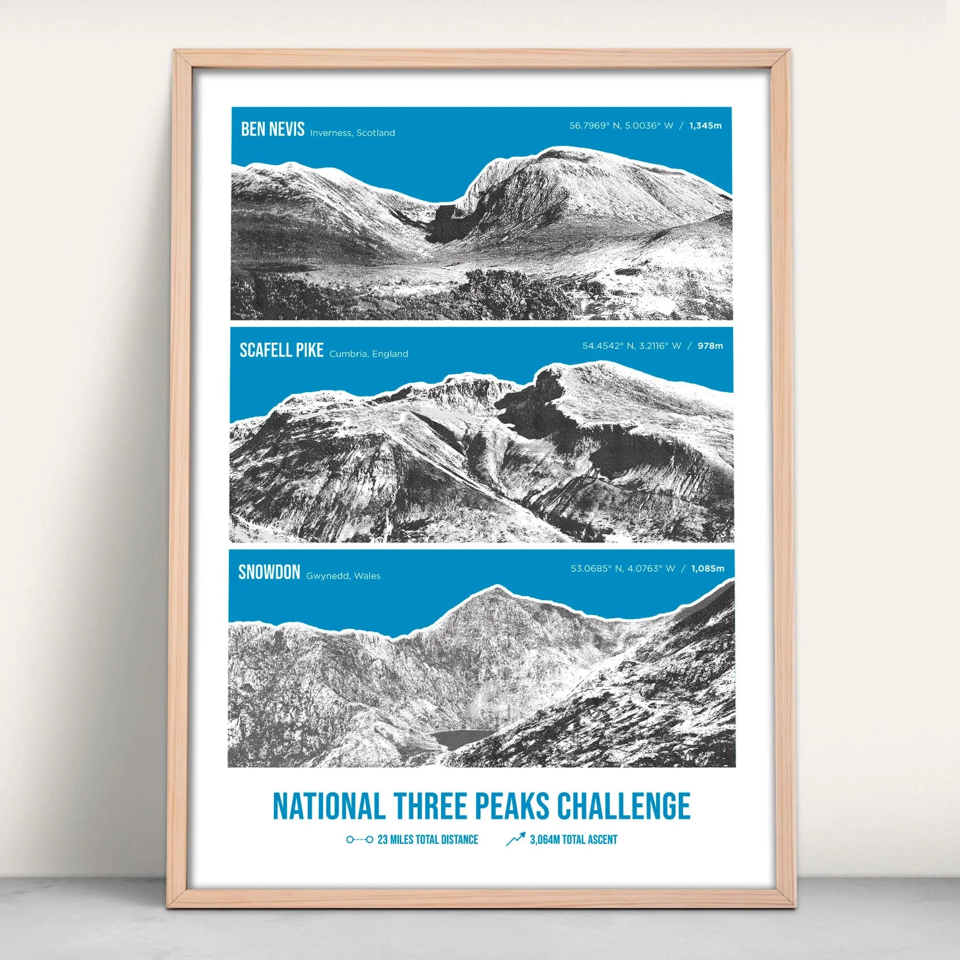 UK Three Peaks Challenge Personalised Art Print in blue from Purest Green Prints