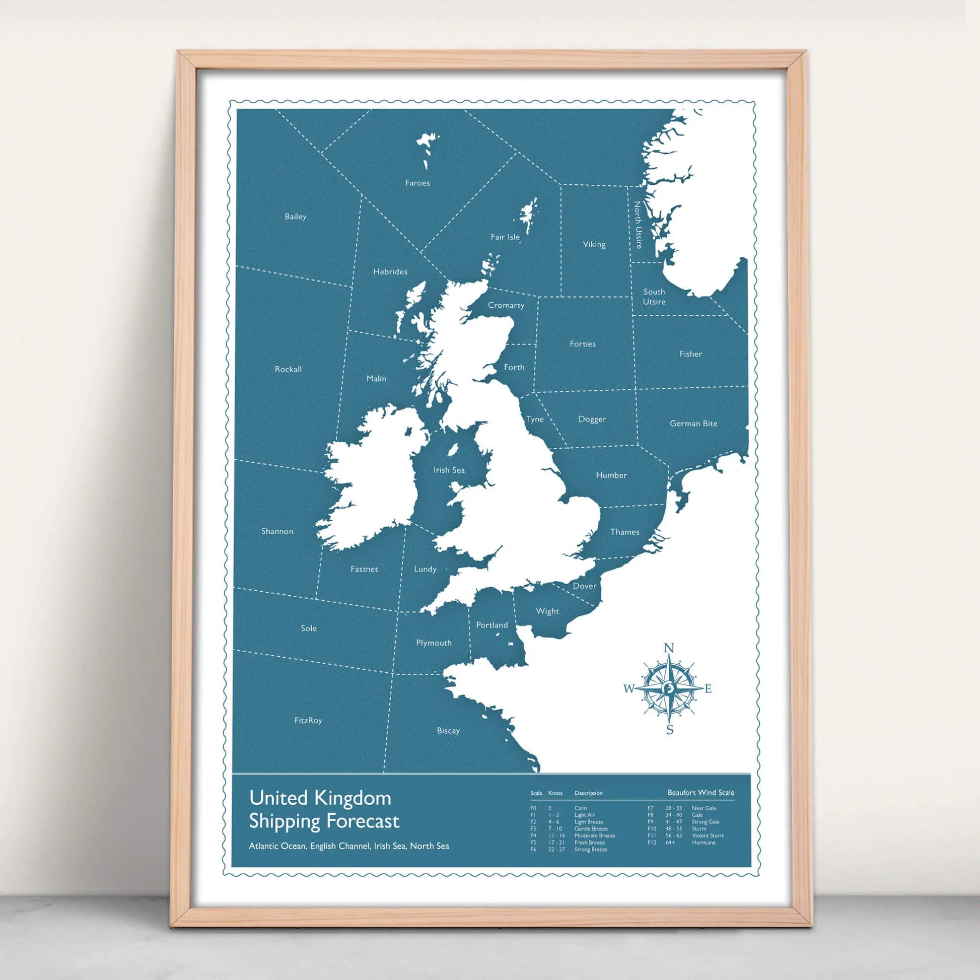 United Kingdom Shipping Forecast Map Art Print in Blue from Purest Green Prints