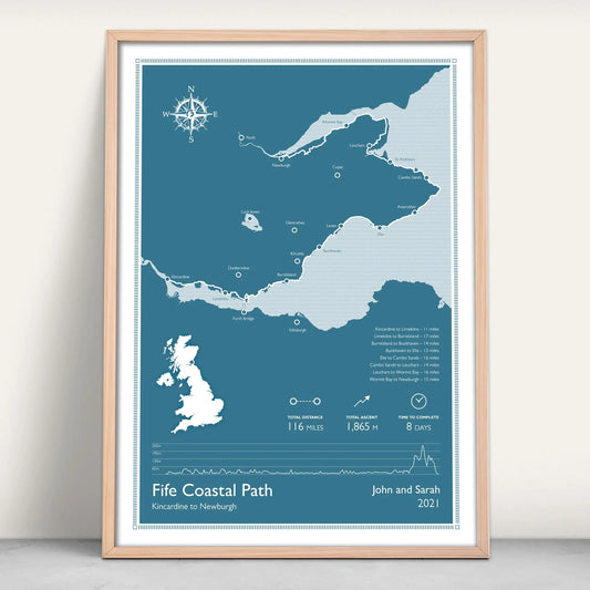 Fife Coastal Path Scotlands Great Trail Personalised Map Art Print in blue from Purest Green Prints