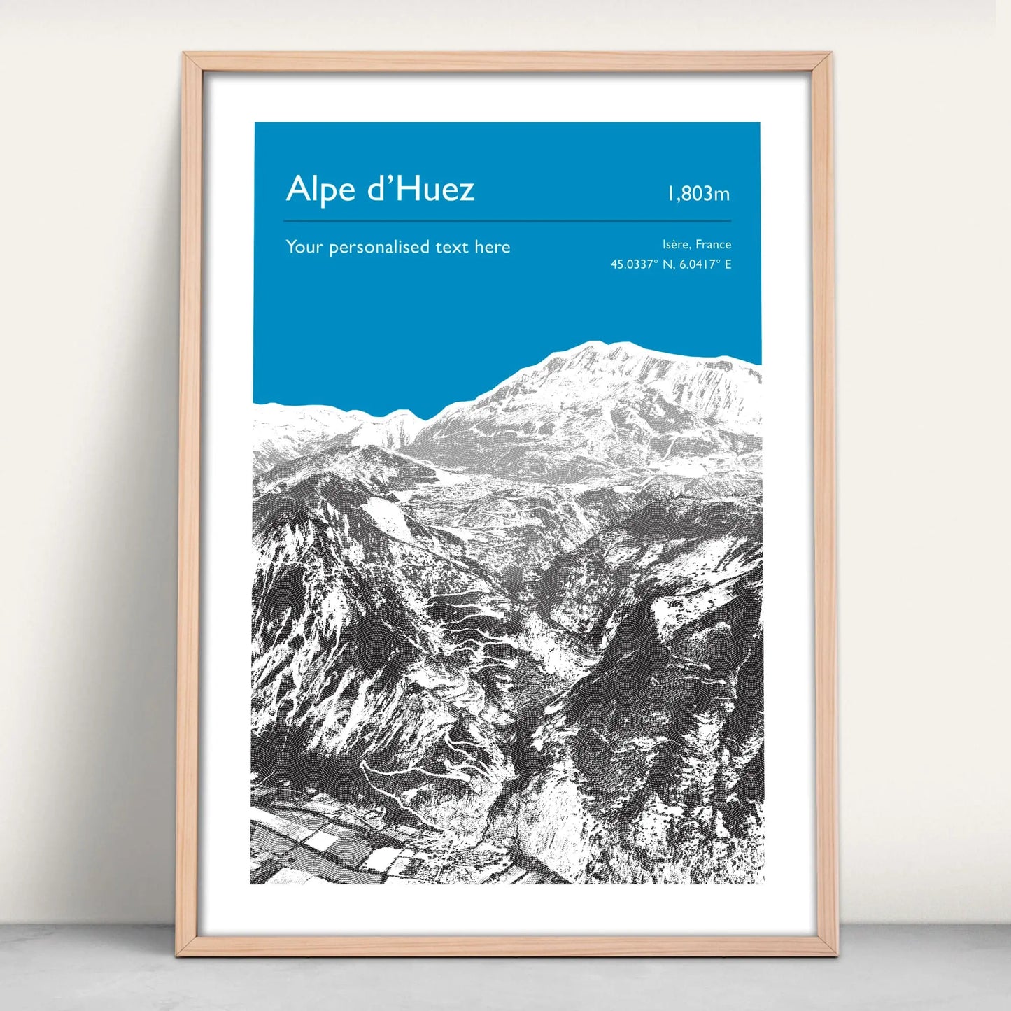 Alpe d'Huez, France personalised art print in blue from Purest Green Prints