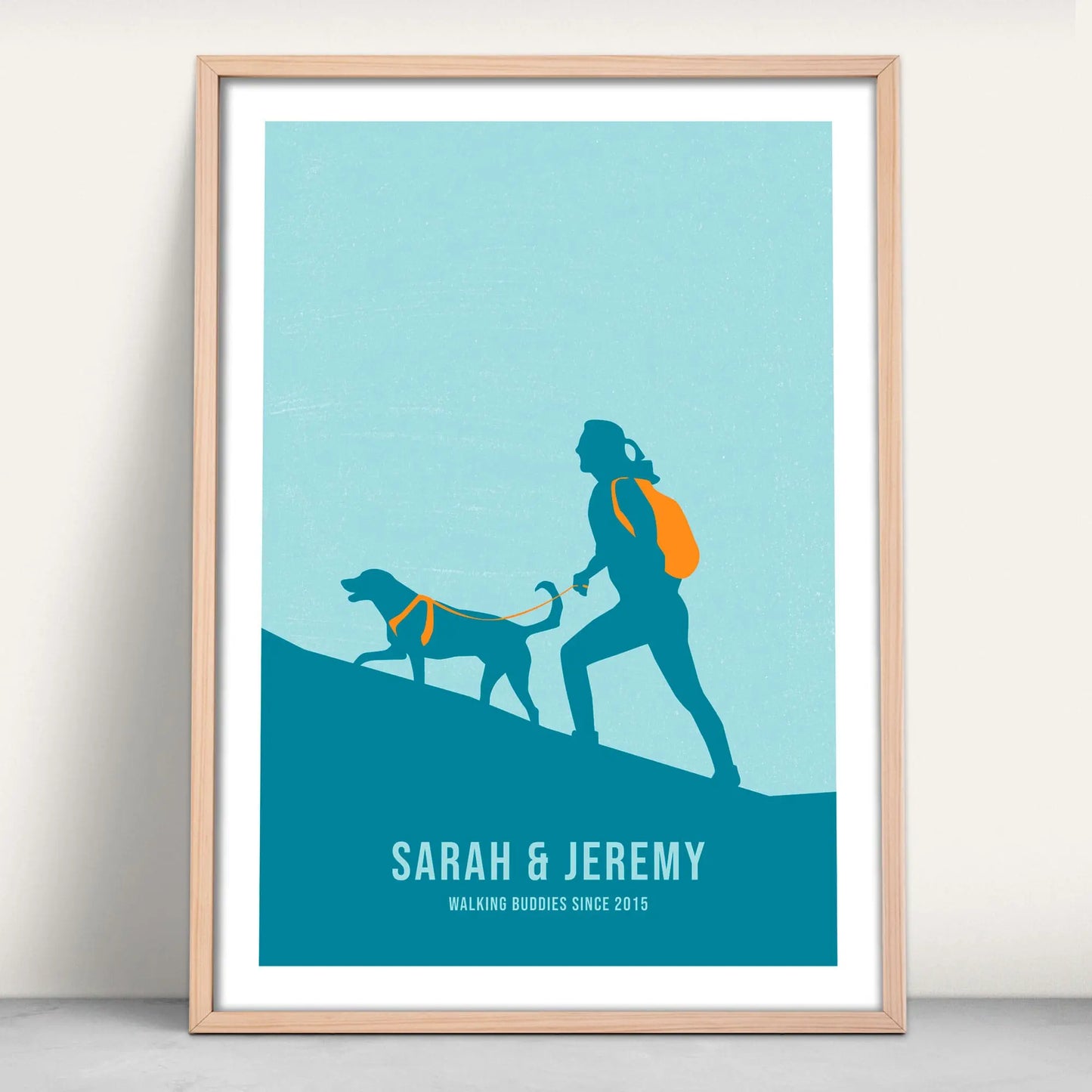 Personalised one woman and her dog hiking art print in blue and orange from Purest Green Prints.