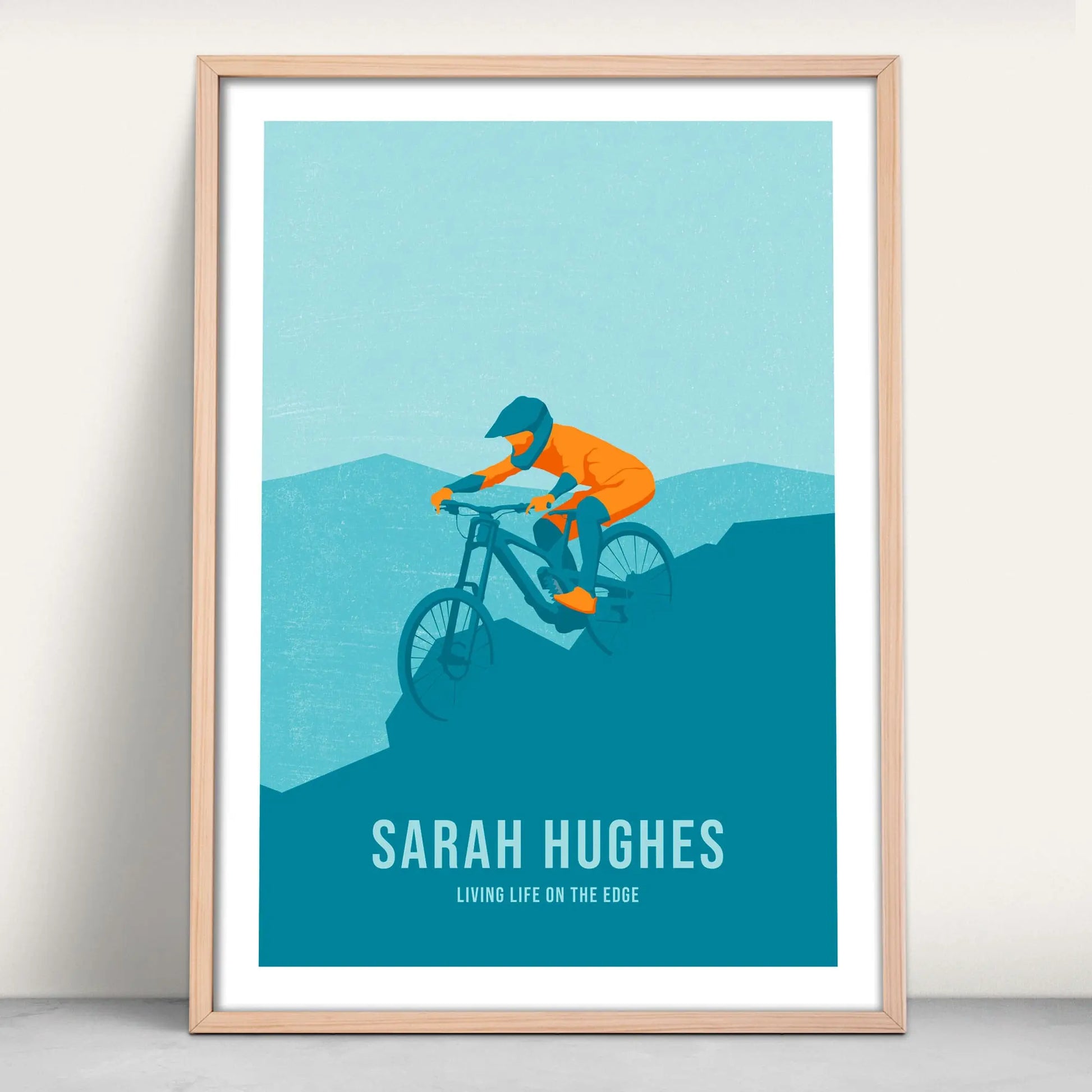 Personalised Downhill Biker Art Print in blue and orange from Purest Green Prints.