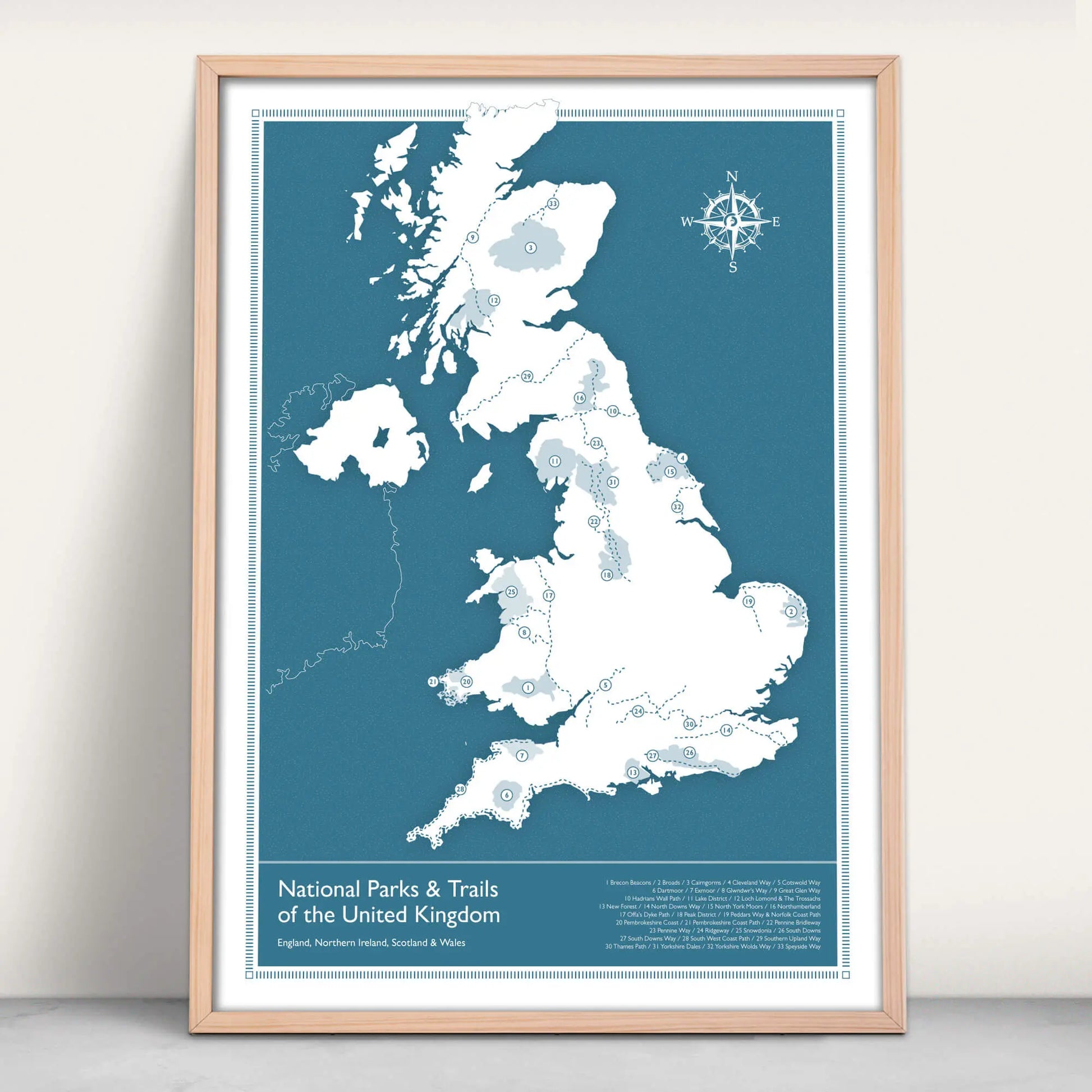 UK National Parks and Trails Map Art Print in blue from Purest Green Prints