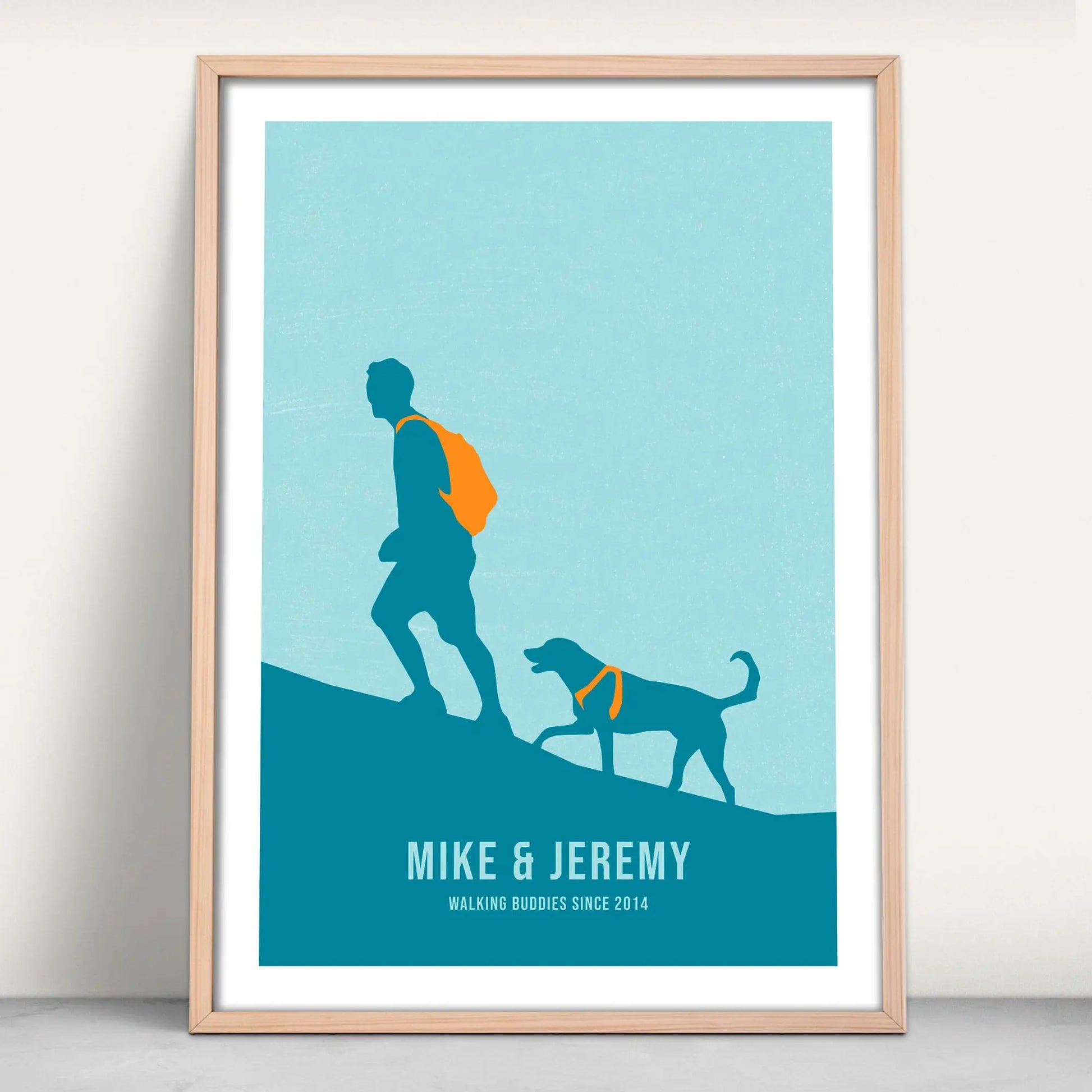 Personalised One Man and his Dog art print in blue and orange from Purest Green Prints.