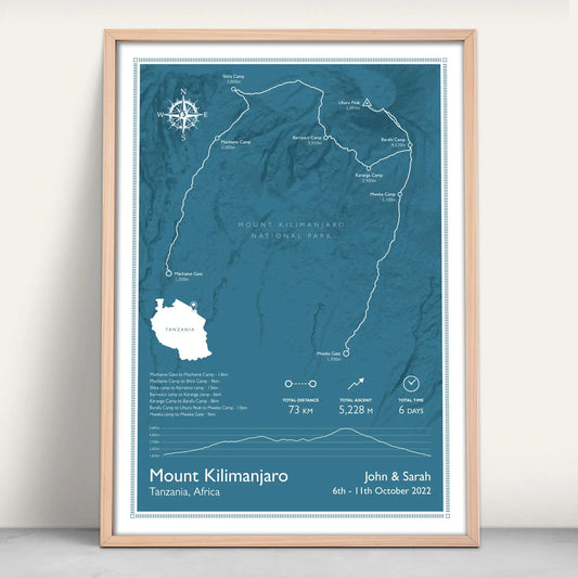 Personalised Mount Kilimanjaro art print in blue from Purest Green Prints.