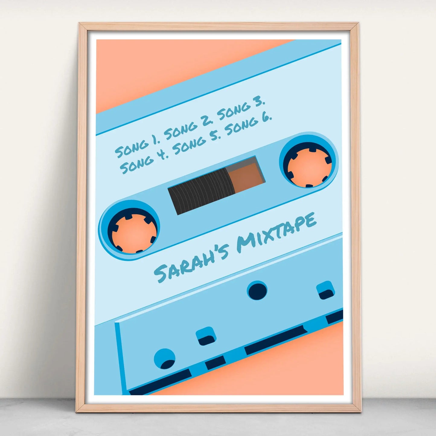 Personalised Cassette Tape Music Art Print in blue and Pink from Purest Green Prints