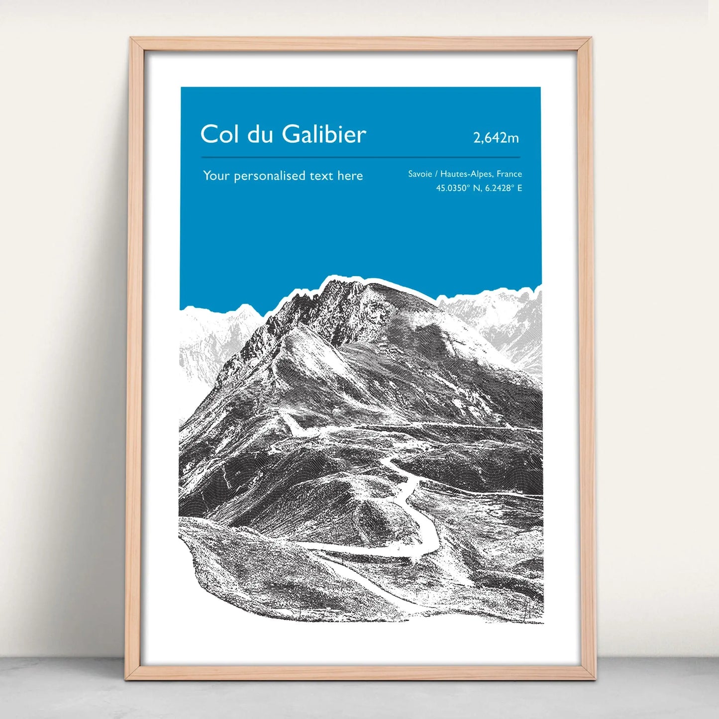 Col du Galibier, France personalised art print in blue from Purest Green Prints