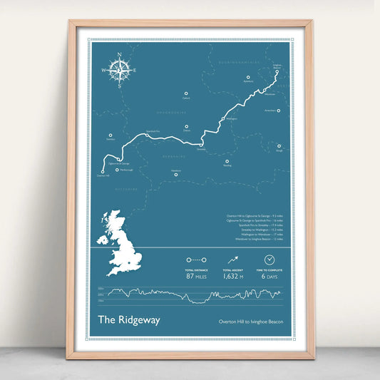 The Ridgeway National Trail Personalised Map Art Print in blue from Purest Green Prints