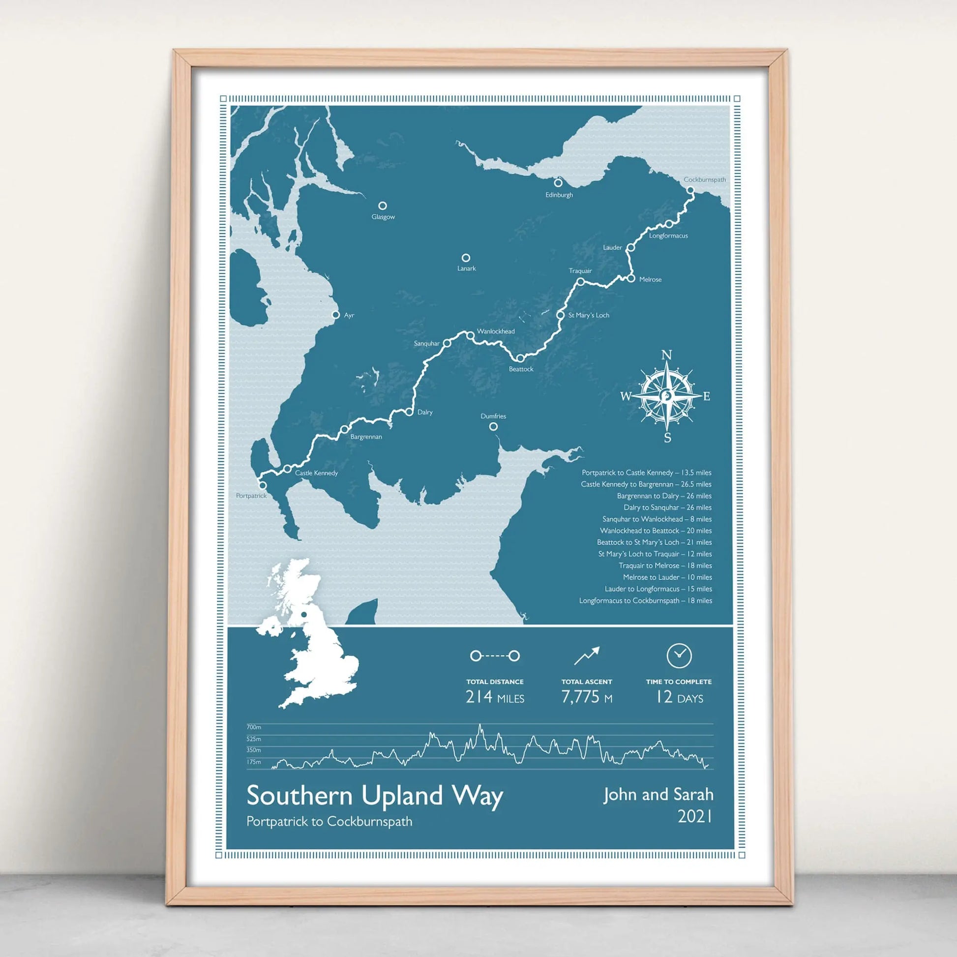 Southern Upland Way Scotlands Great Trail Personalised Map Art Print in blue from Purest Green Prints