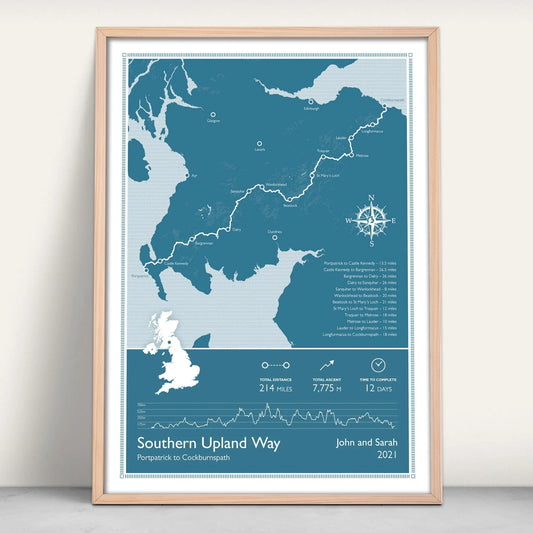 Southern Upland Way Scotlands Great Trail Personalised Map Art Print in blue from Purest Green Prints