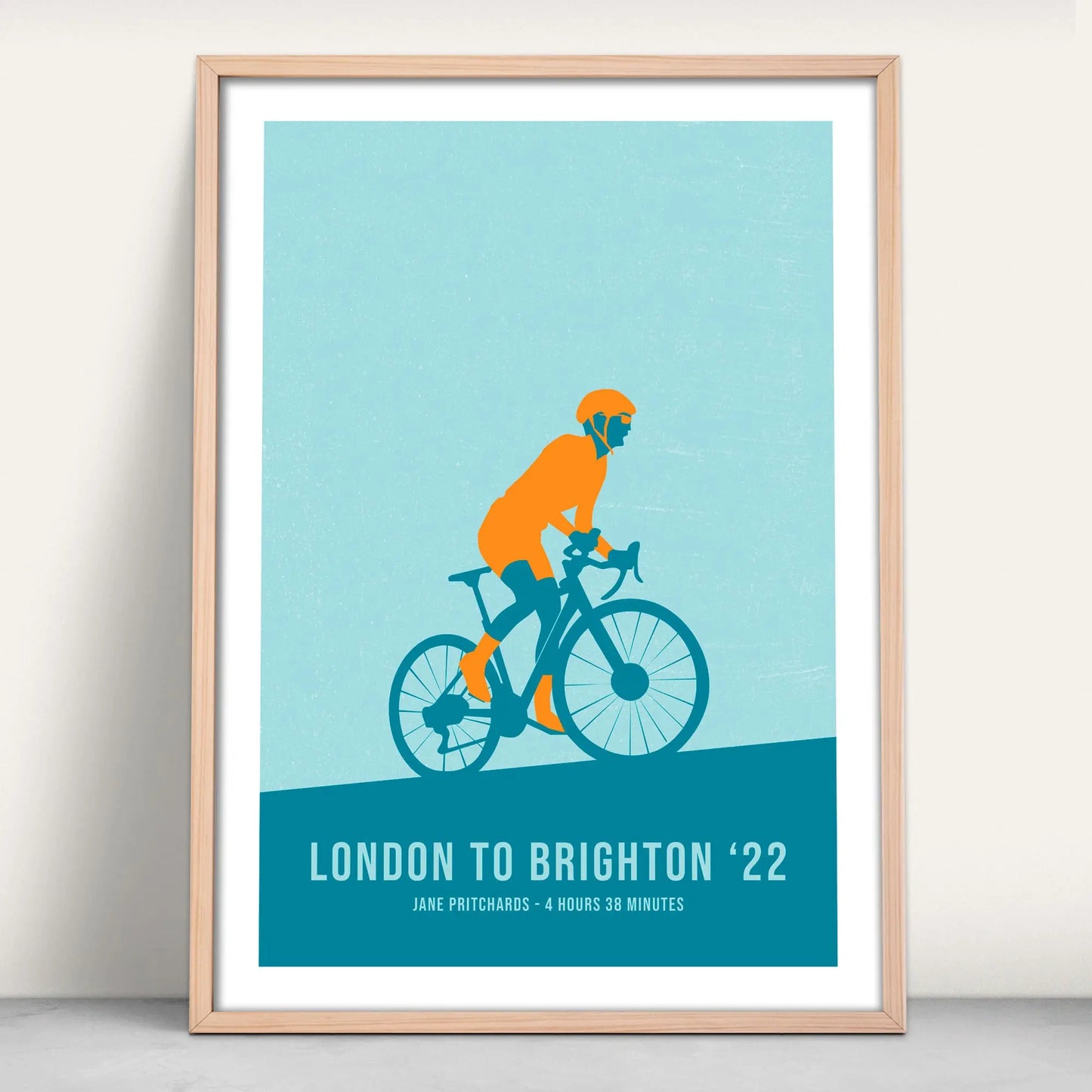 Personalised Cycling Art Print in blue and orange from Purest Green Prints.