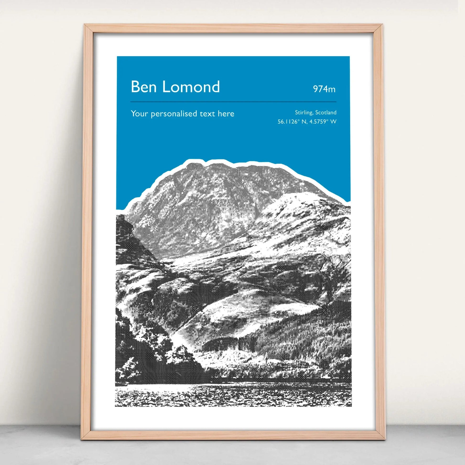 Ben Lomond, Scotland Personalised Art Print in blue from Purest Green Prints