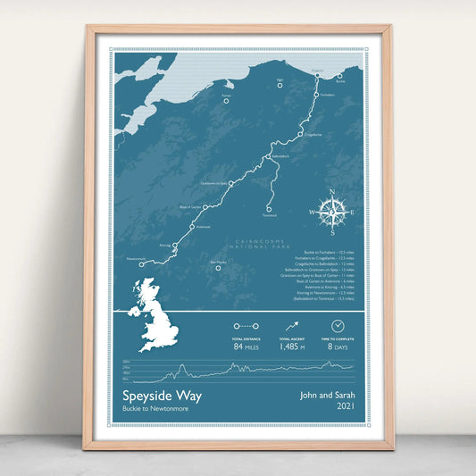 Speyside Way Scotlands Great Trail Personalised Map Art Print in blue from Purest Green Prints