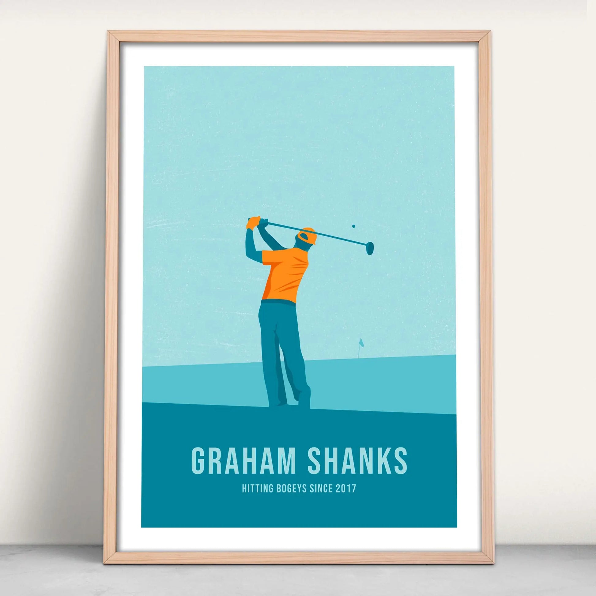 Personalised golfer art print in blue and orange from Purest Green Prints.