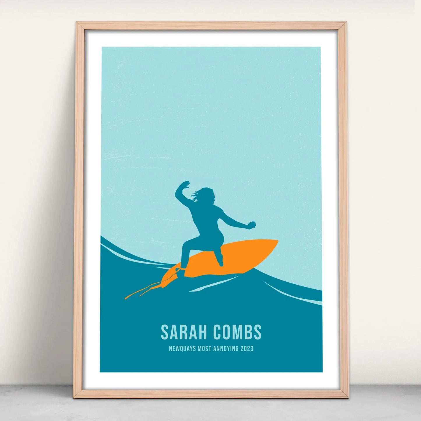 Personalised Surfing Art Print in blue and orange from Purest Green Prints.