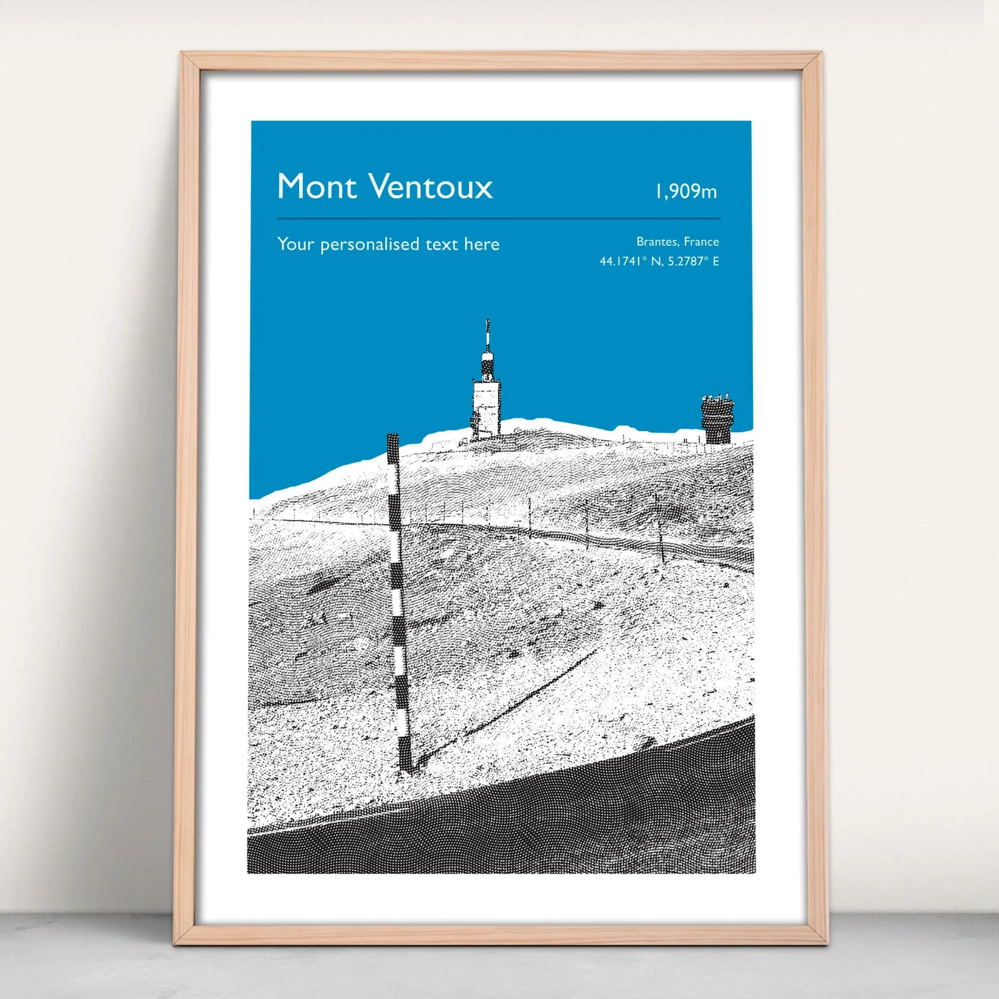 Mont Ventoux, France Personalised Cycling Art Print in blue from Purest Green Prints