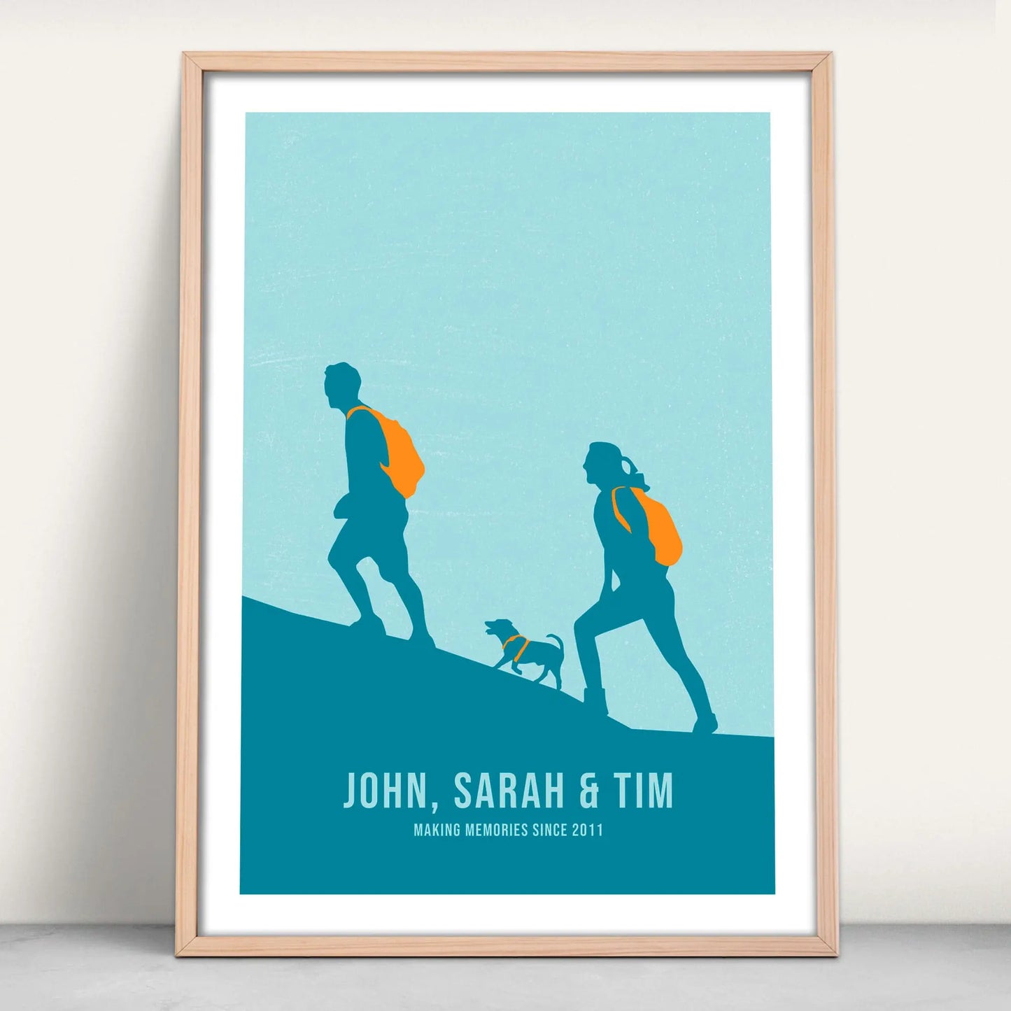 Personalised Couple Hiking Art Print in blue and orange from Purest Green Prints.