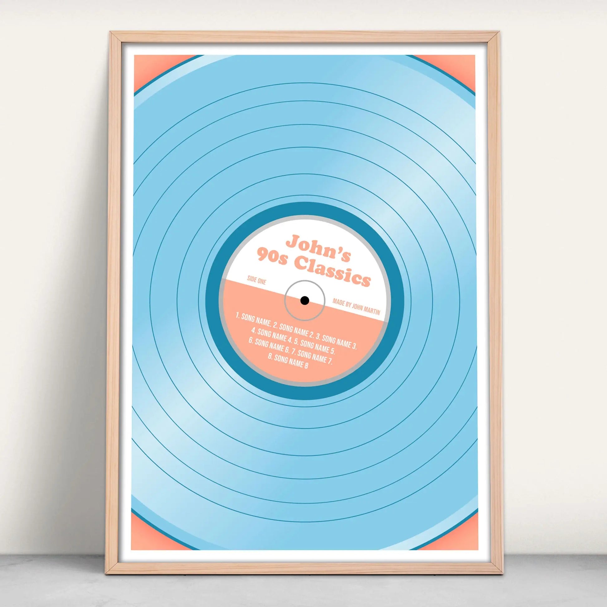 Vinyl Record Music Personalised Art Print in blue and pink from Purest Green Prints