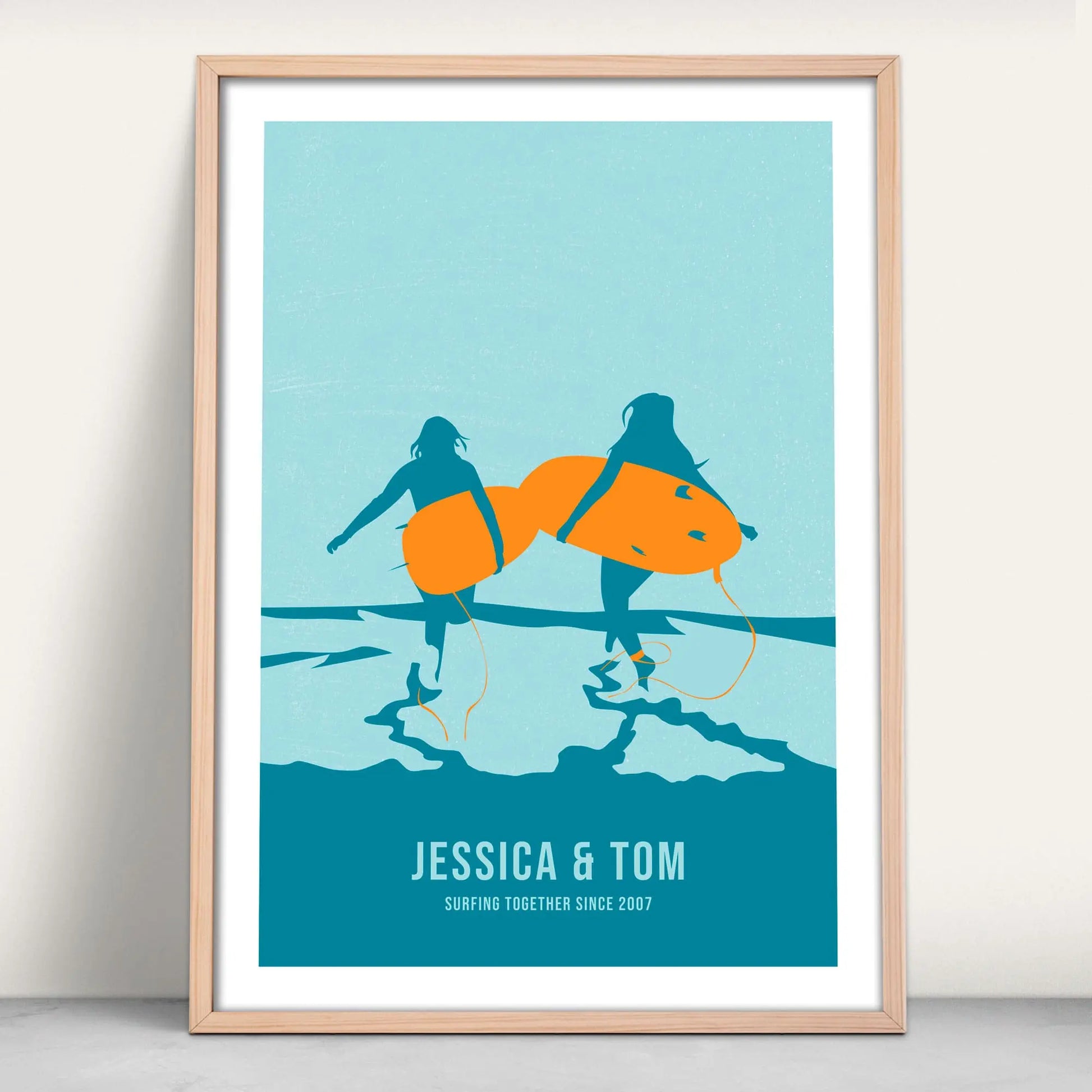 Personalised Surfing Mates Art Print in blue and orange from Purest Green Prints.