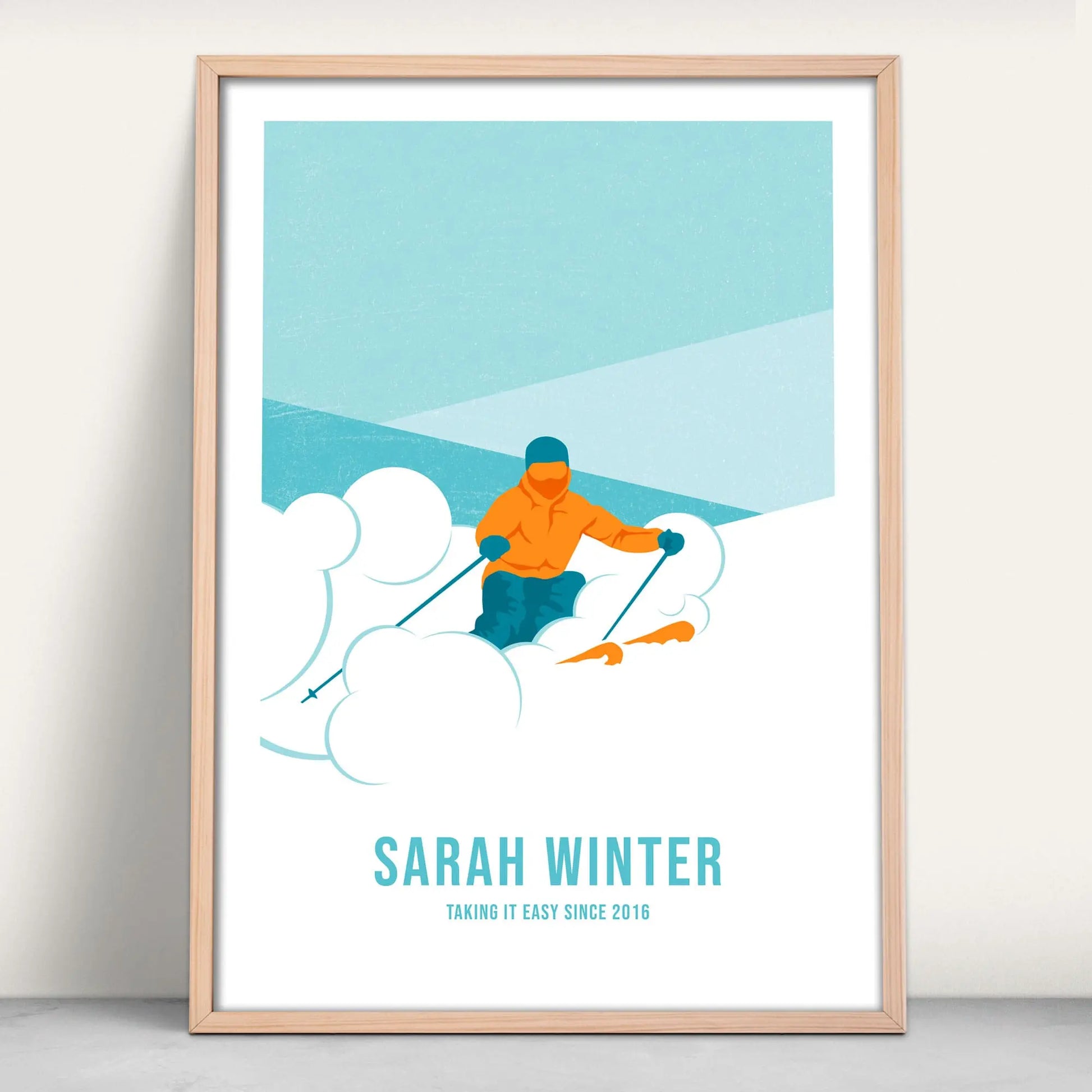 Personalised Skiing Art Print in blue and orange from Purest Green Prints.