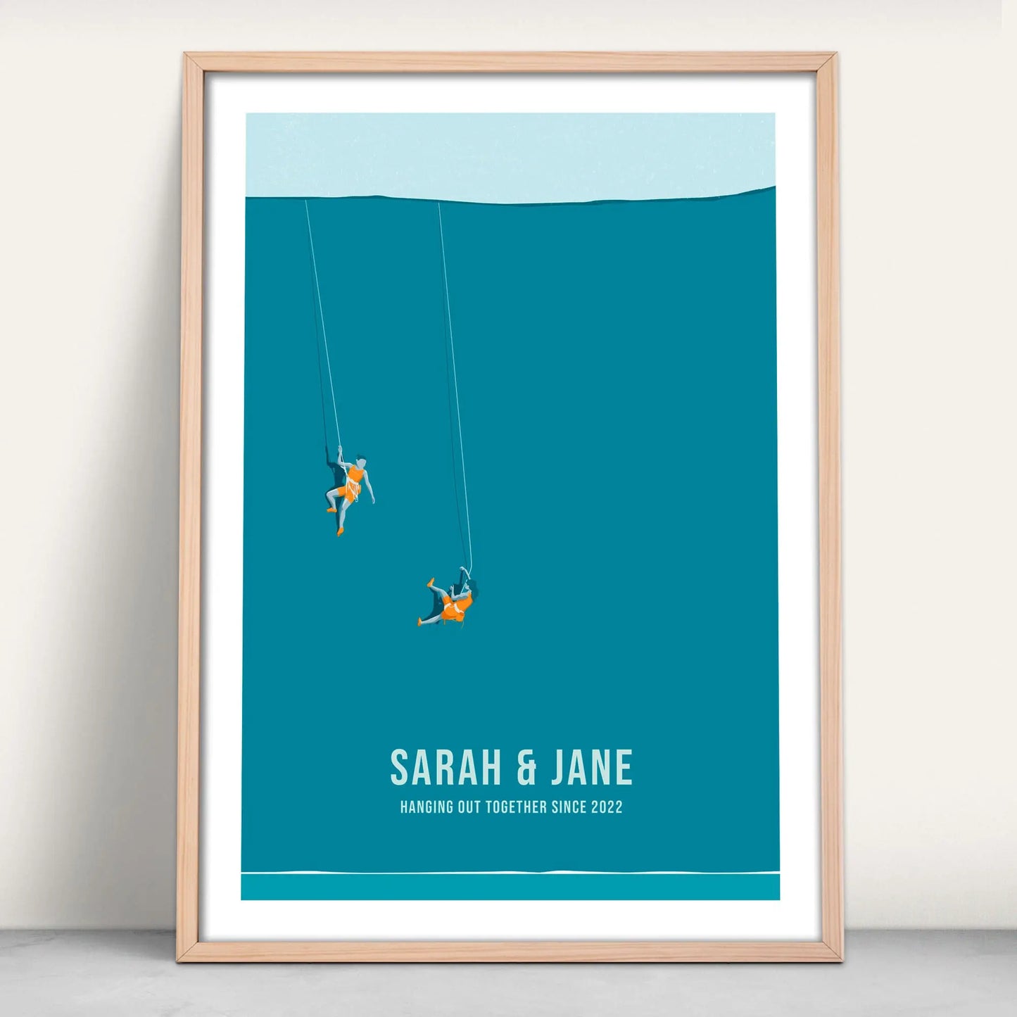 Personalised climbing print in blue and orange from Purest Green Prints