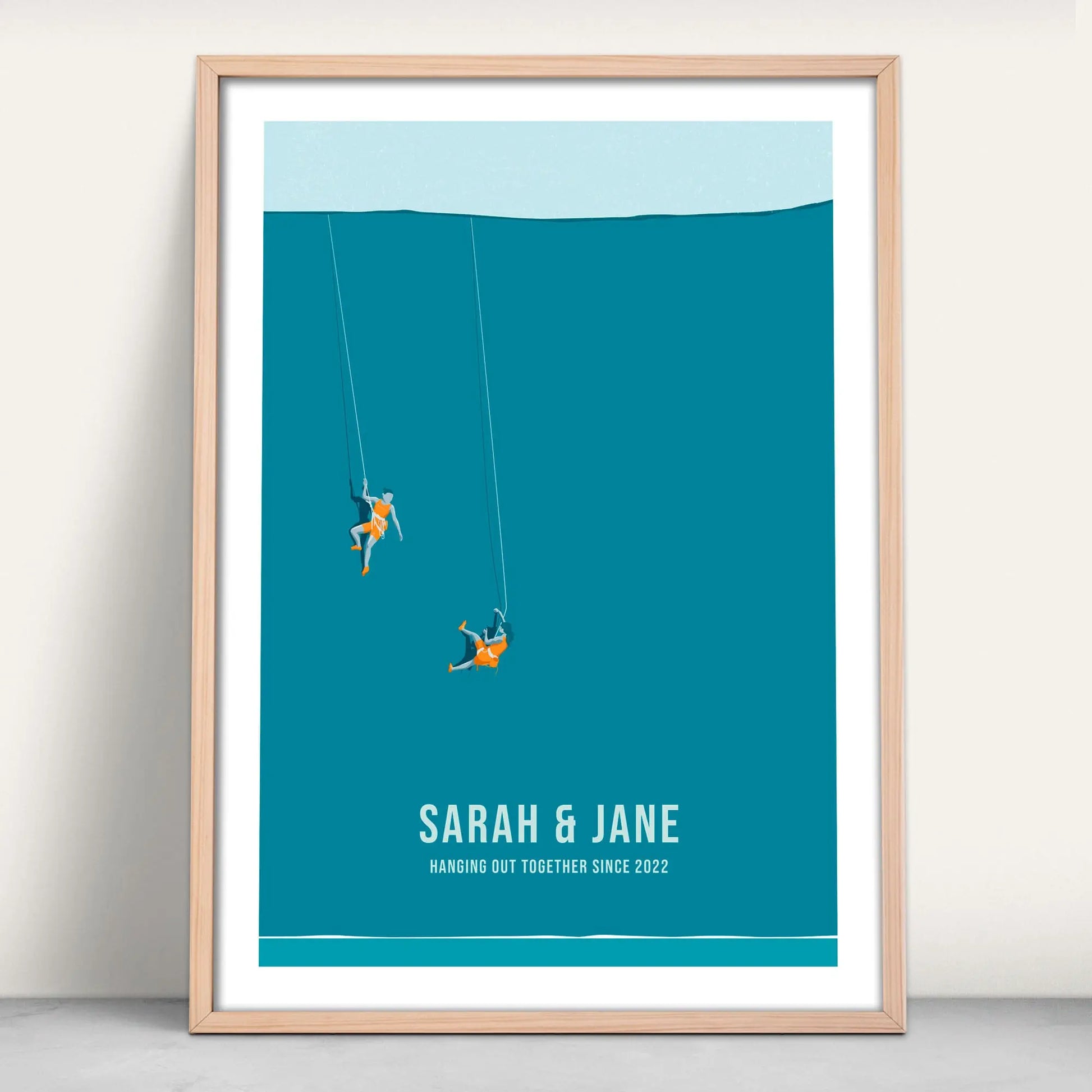 Personalised climbing print in blue and orange from Purest Green Prints