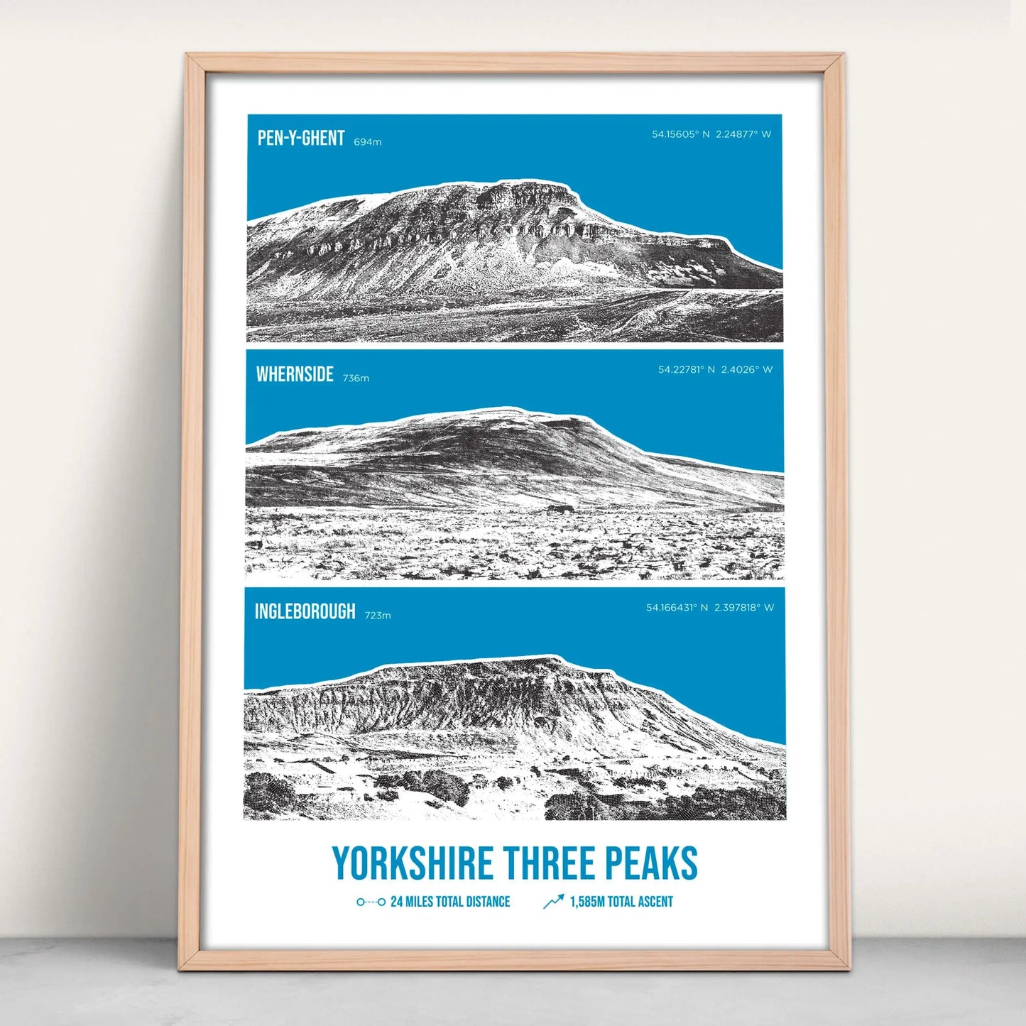 Personalised Yorkshire Three Peak Challenge Art Print in blue from Purest Green Prints