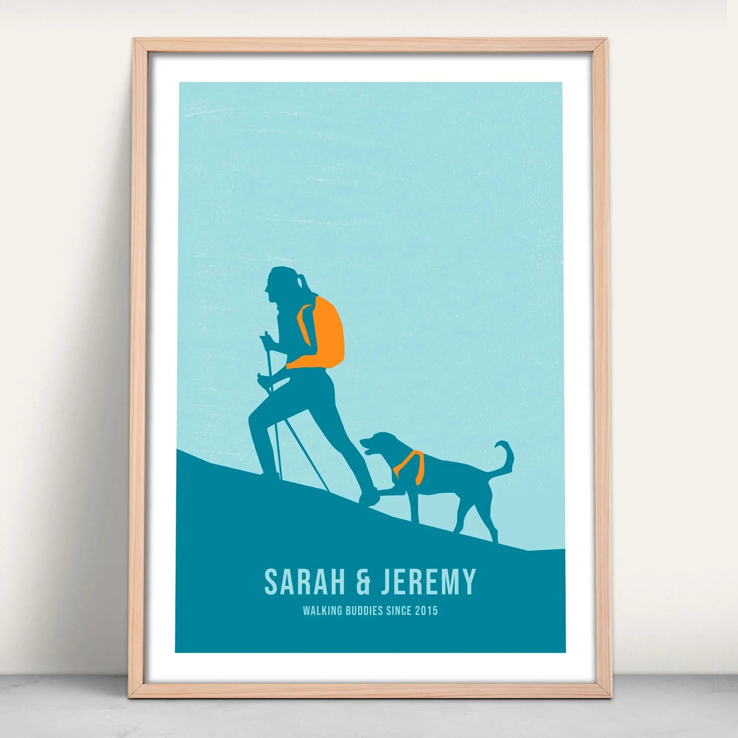 Personalised One woman (with poles) and her dog art print in blue and orange from Purest Green Prints