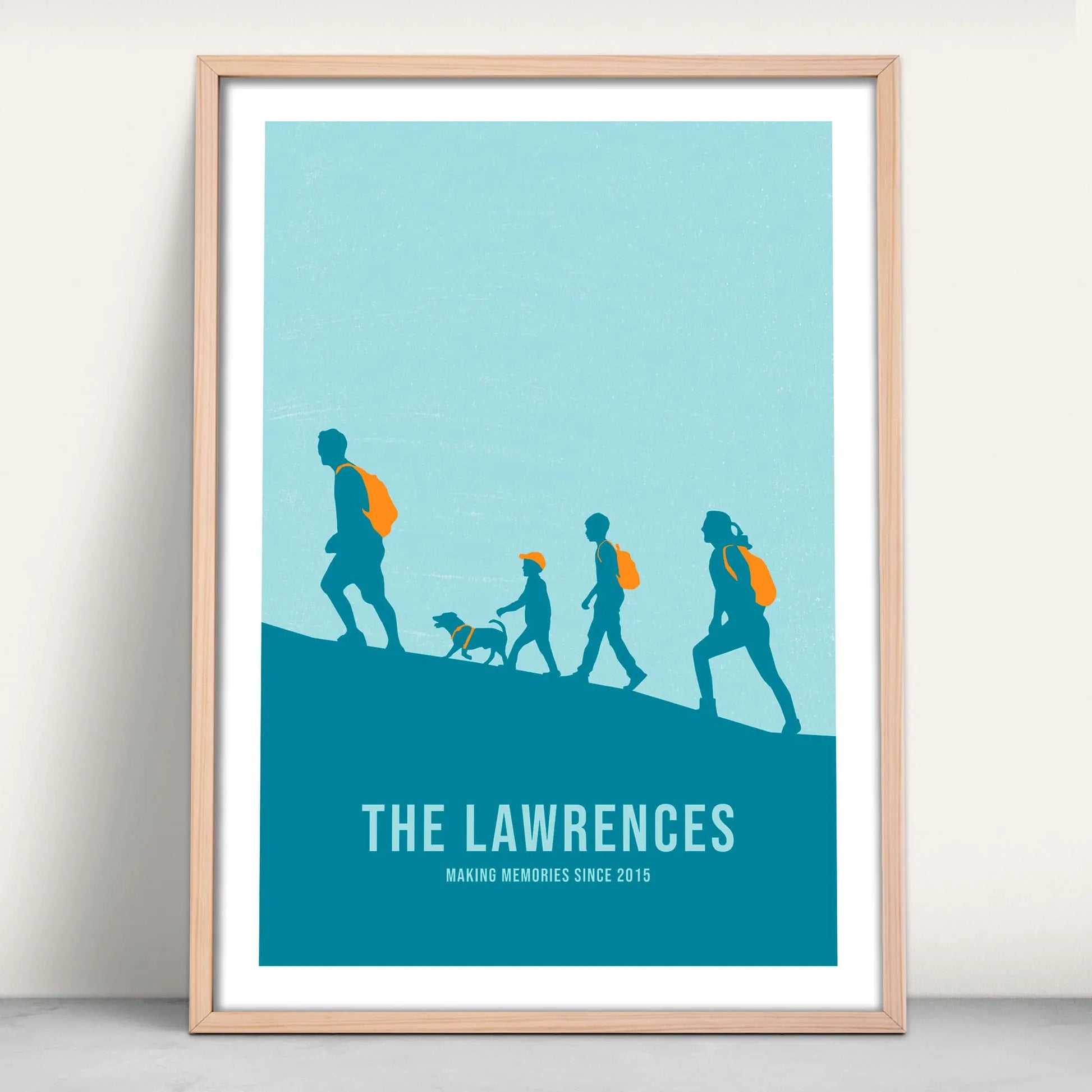 Personalised Family Portrait Hiking art print in blue and orange from Purest Green Prints.