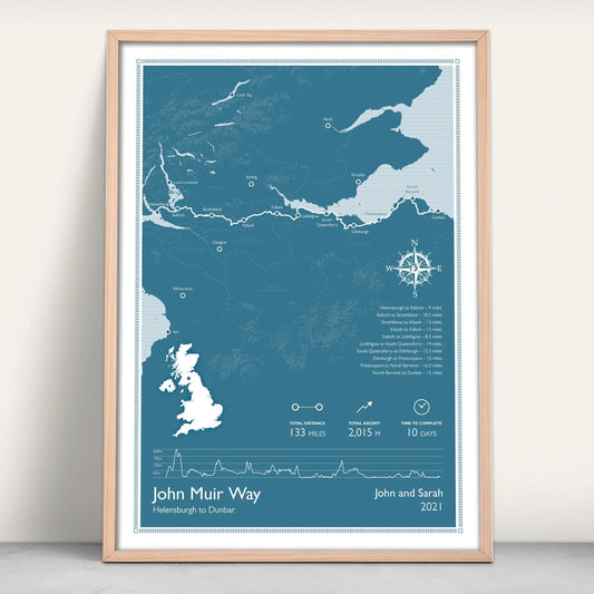 John Muir Way Scotlands Great Trail Personalised Map Art Print in blue from Purest Green Prints