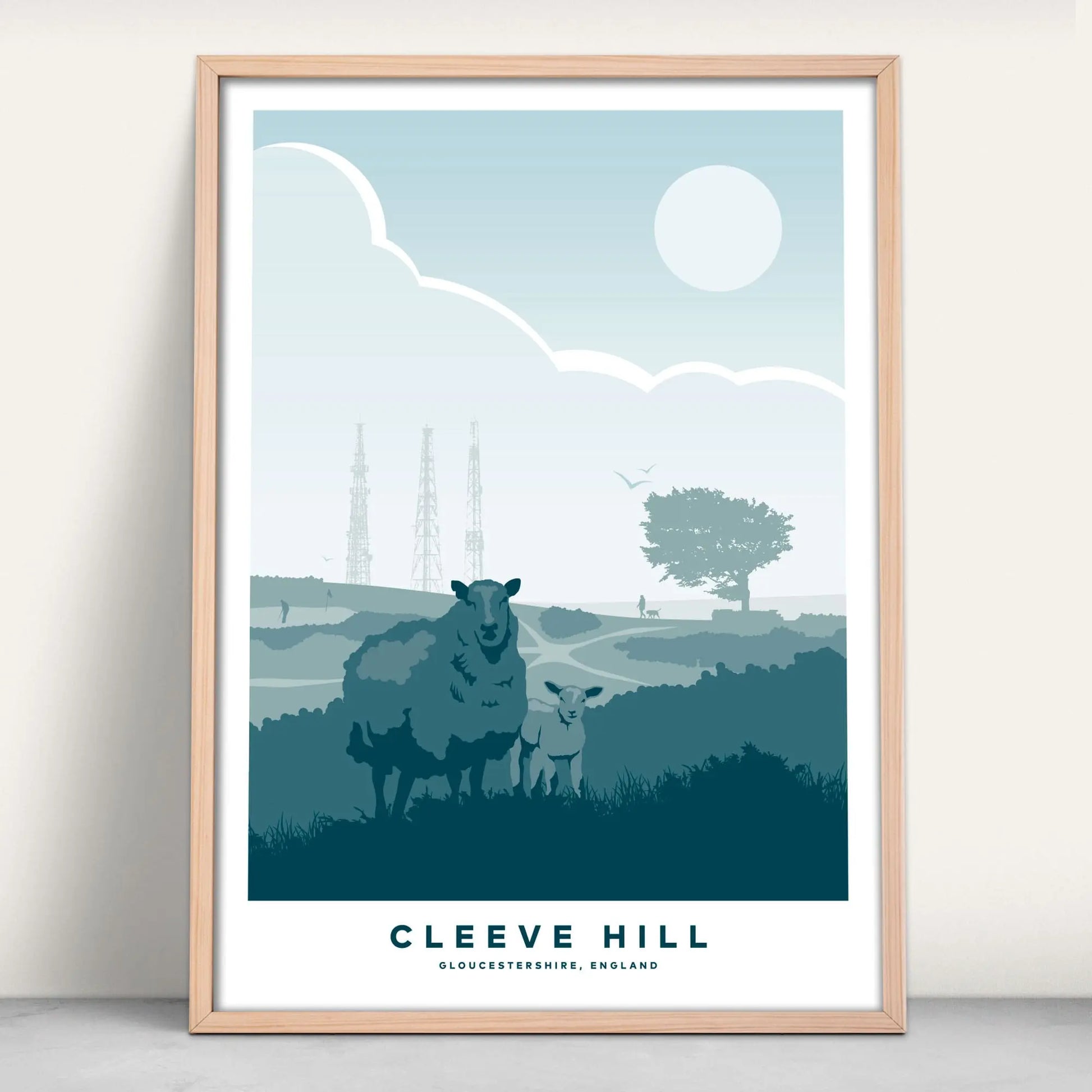 Cleeve Hill, Cheltenham art print in Travel style art print in blue from Purest Green Prints.