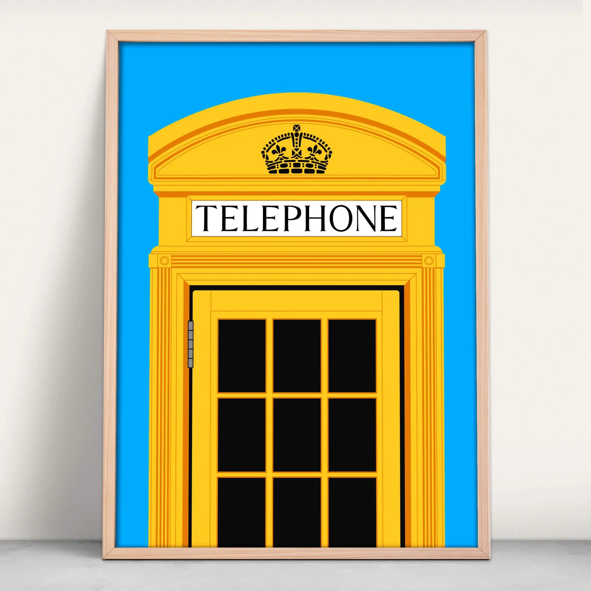 UK Telephone Box Art Print in blue and yellow from Purest Green Prints