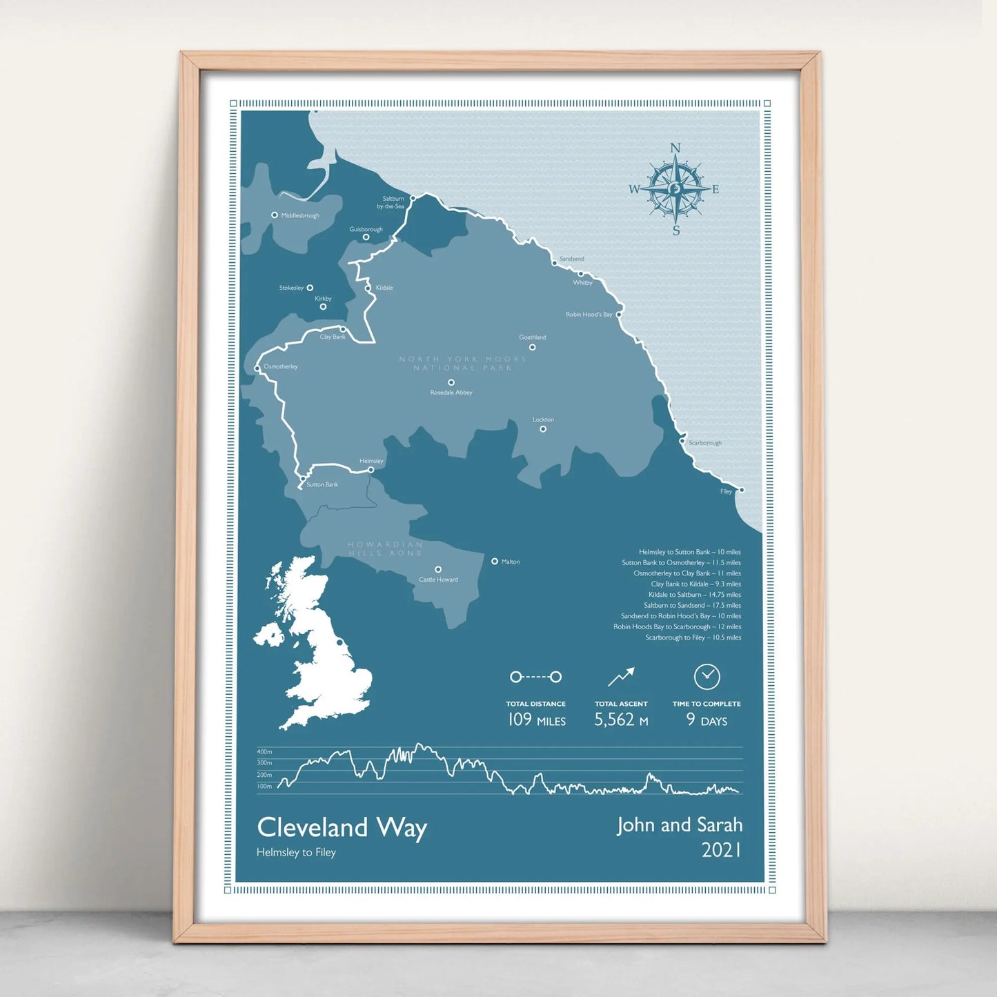 Cleveland Way National Trail Personalised Map Art Print in blue from Purest Green Prints