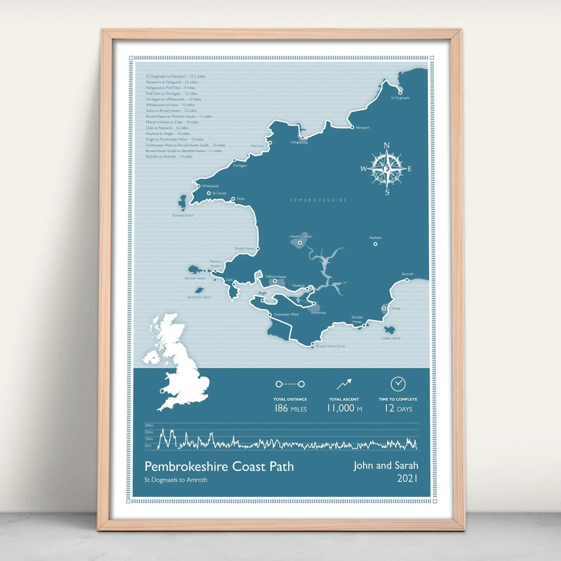 Pembrokeshire Coast Path National Trail Personalised Map Art Print in blue from Purest Green Prints