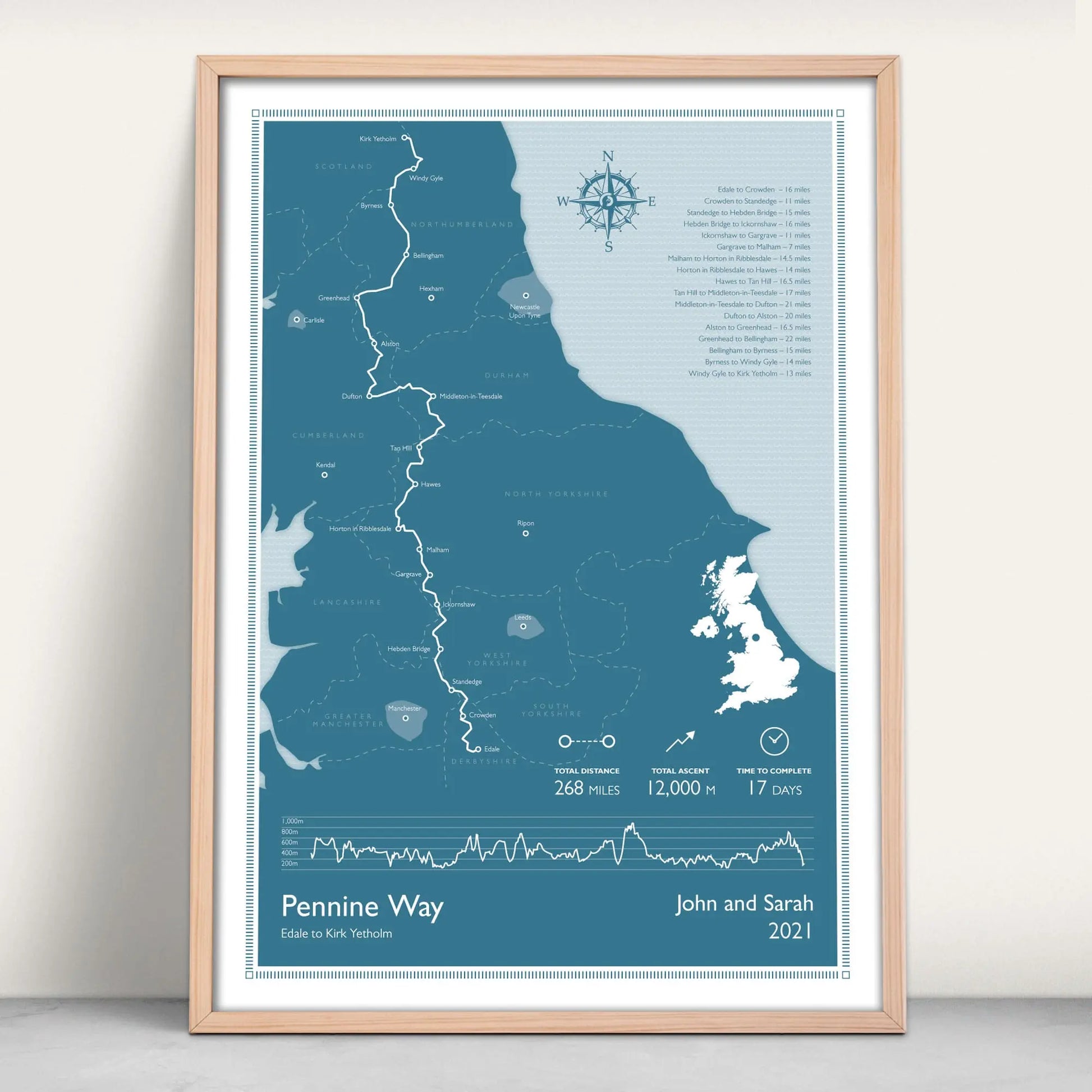 Pennine Way National Trail Personalised Map Art Print in blue from Purest Green Prints