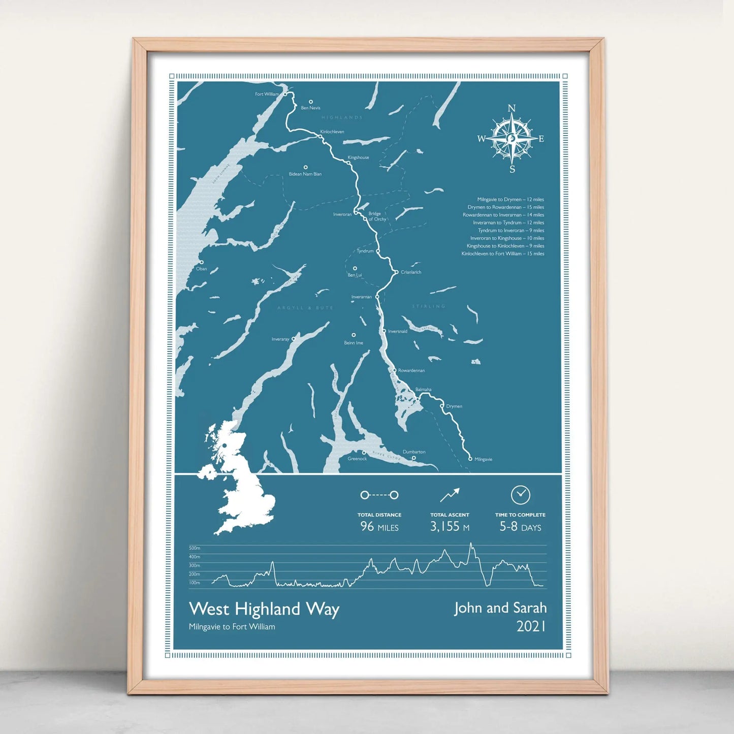 West Highland Way Scotlands Great Trail Personalised Map Art Print in blue from Purest Green Prints