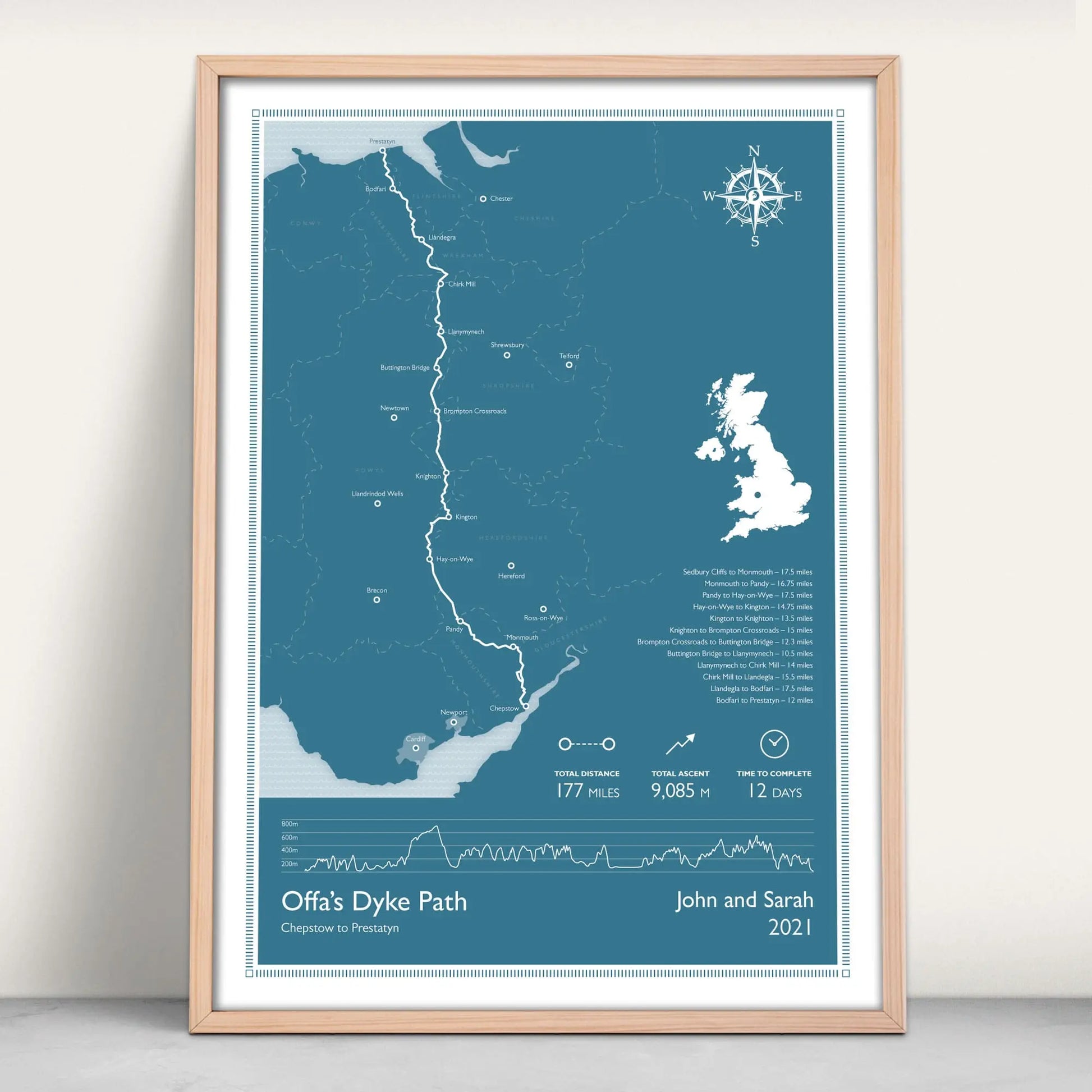 Offa's Dyke Path National Trail Personalised Map Art Print in blue from Purest Green Prints