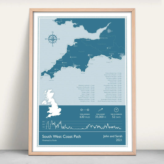 South West Coast Path National Trail Personalised Map Art Print in blue from Purest Green Prints