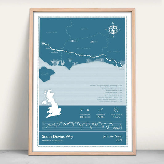 South Downs Way National Trail Map Personalised Art Print in blue from Purest Green Prints