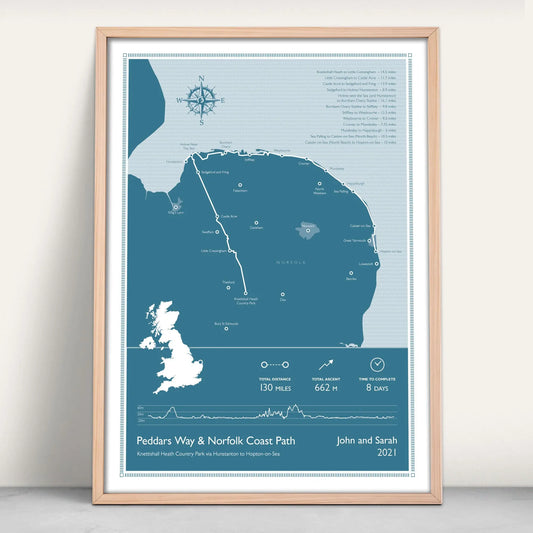 Peddars Way and Norfolk Coast Path National Trail Personalised Map Art Print in blue from Purest Green Prints