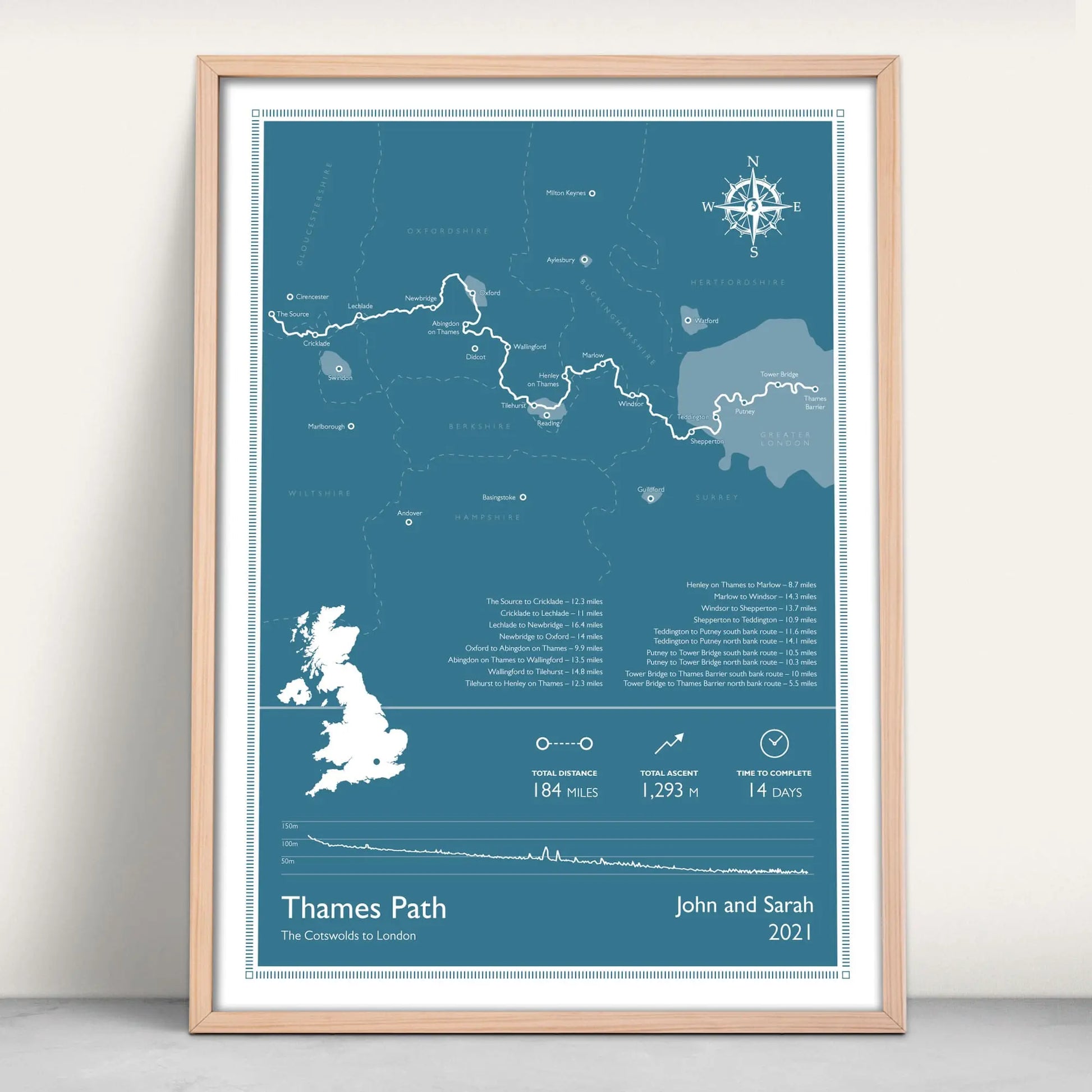 Thames Path National Trail Personalised Map Art Print in blue from Purest Green Prints