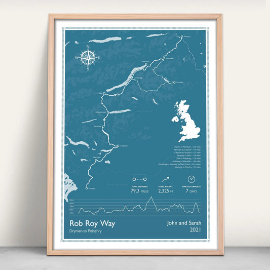 Rob Roy Way Scottish Great Trail personalised art print in blue from Purest Green Prints