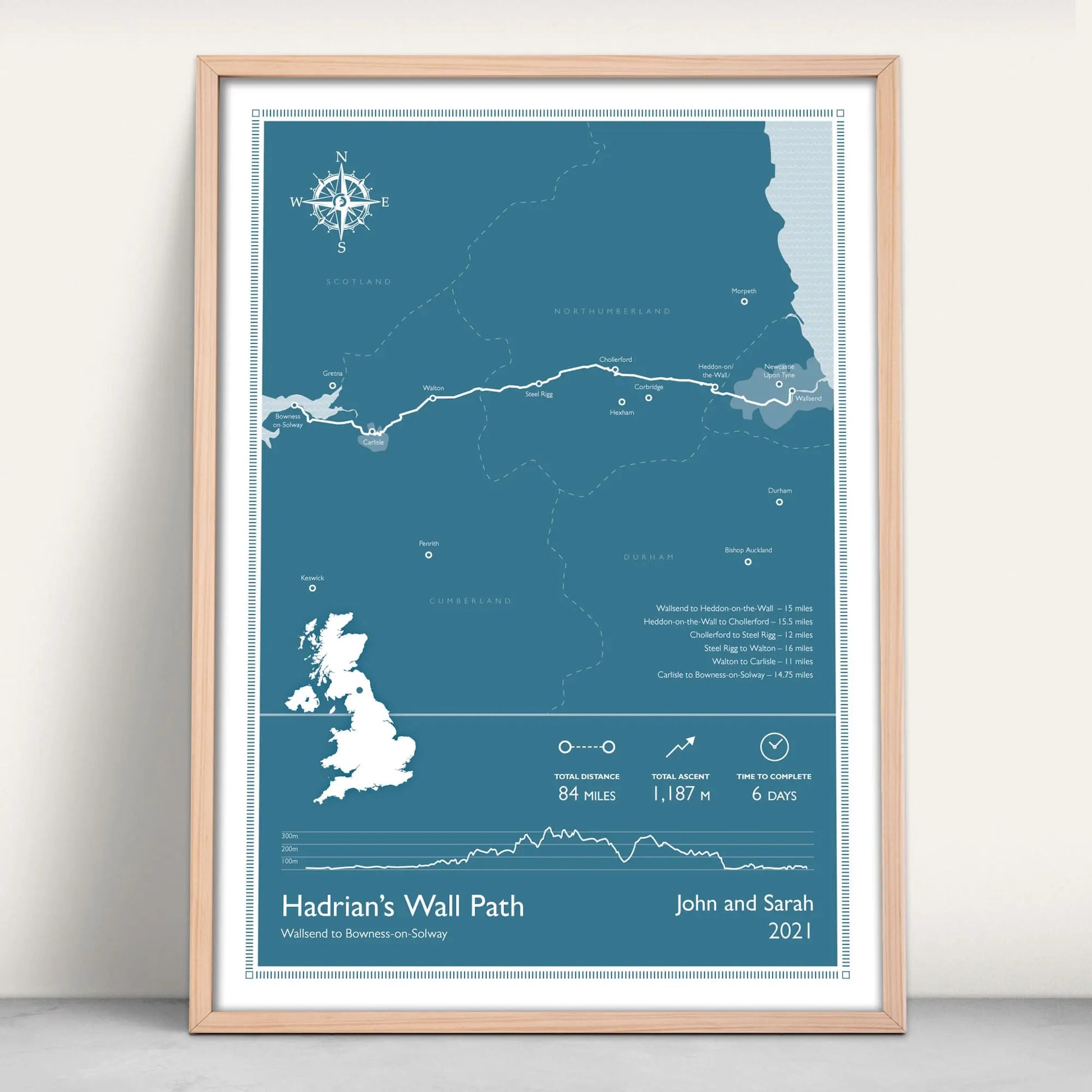 Hadrian's Wall Path National Trail Personalised Map Art Print in blue from Purest Green Prints